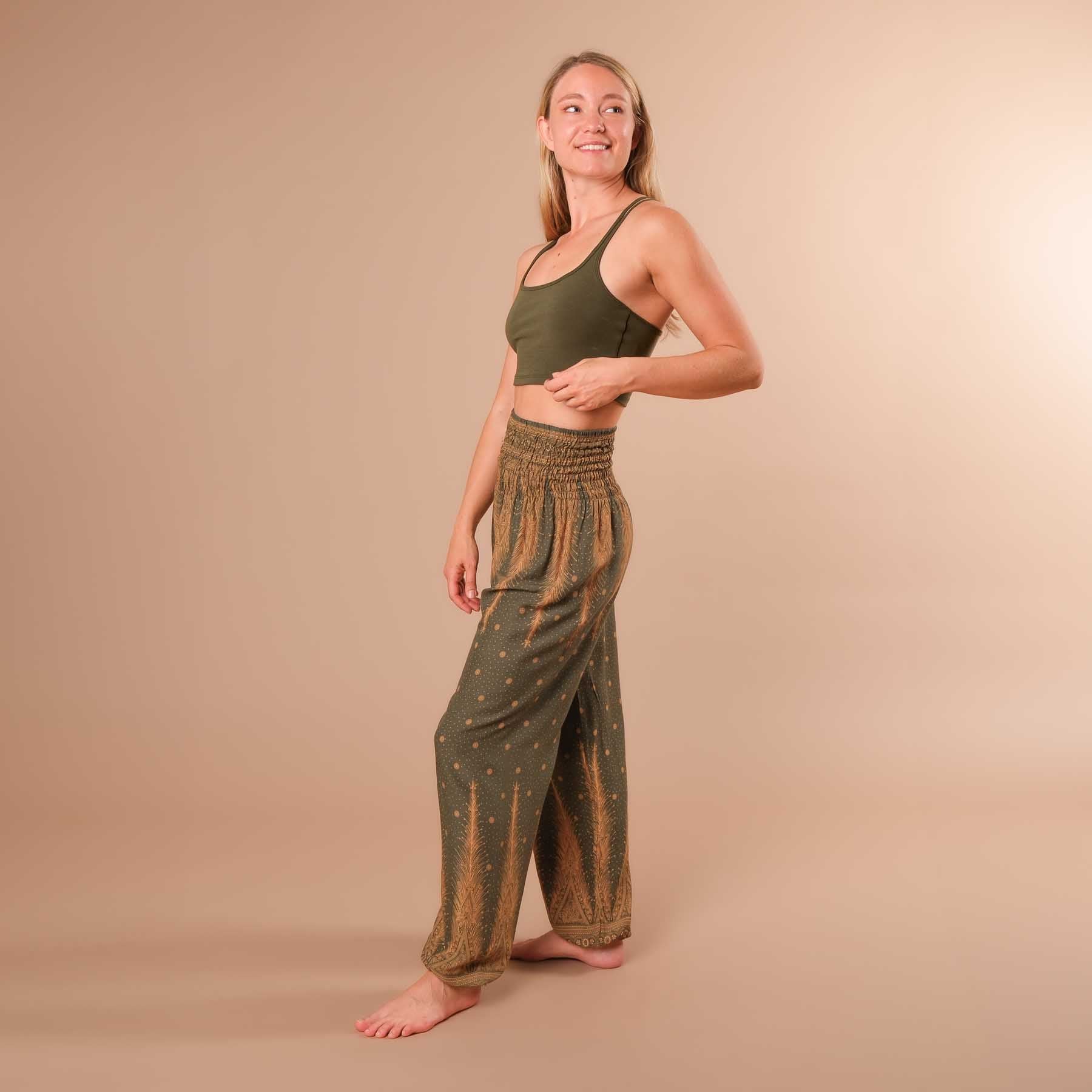 Pantaloni harem, pantaloni harem per lo yoga e il tempo libero oliva boema
