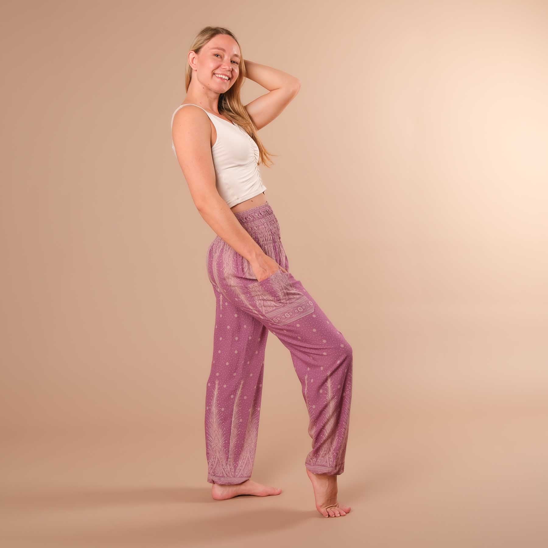 Pantaloni harem, pantaloni harem per lo yoga e il tempo libero viola boemo