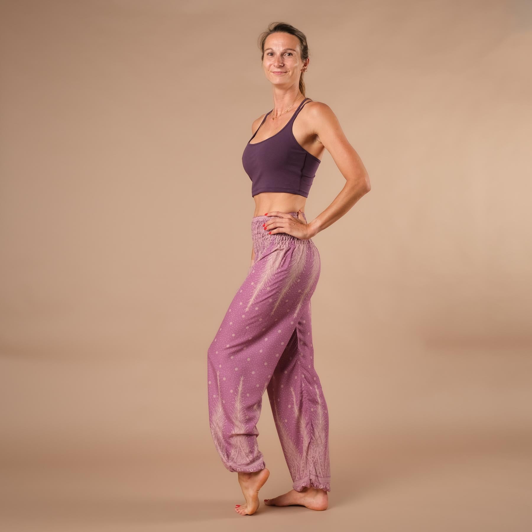 Pantaloni harem, pantaloni harem per lo yoga e il tempo libero viola boemo