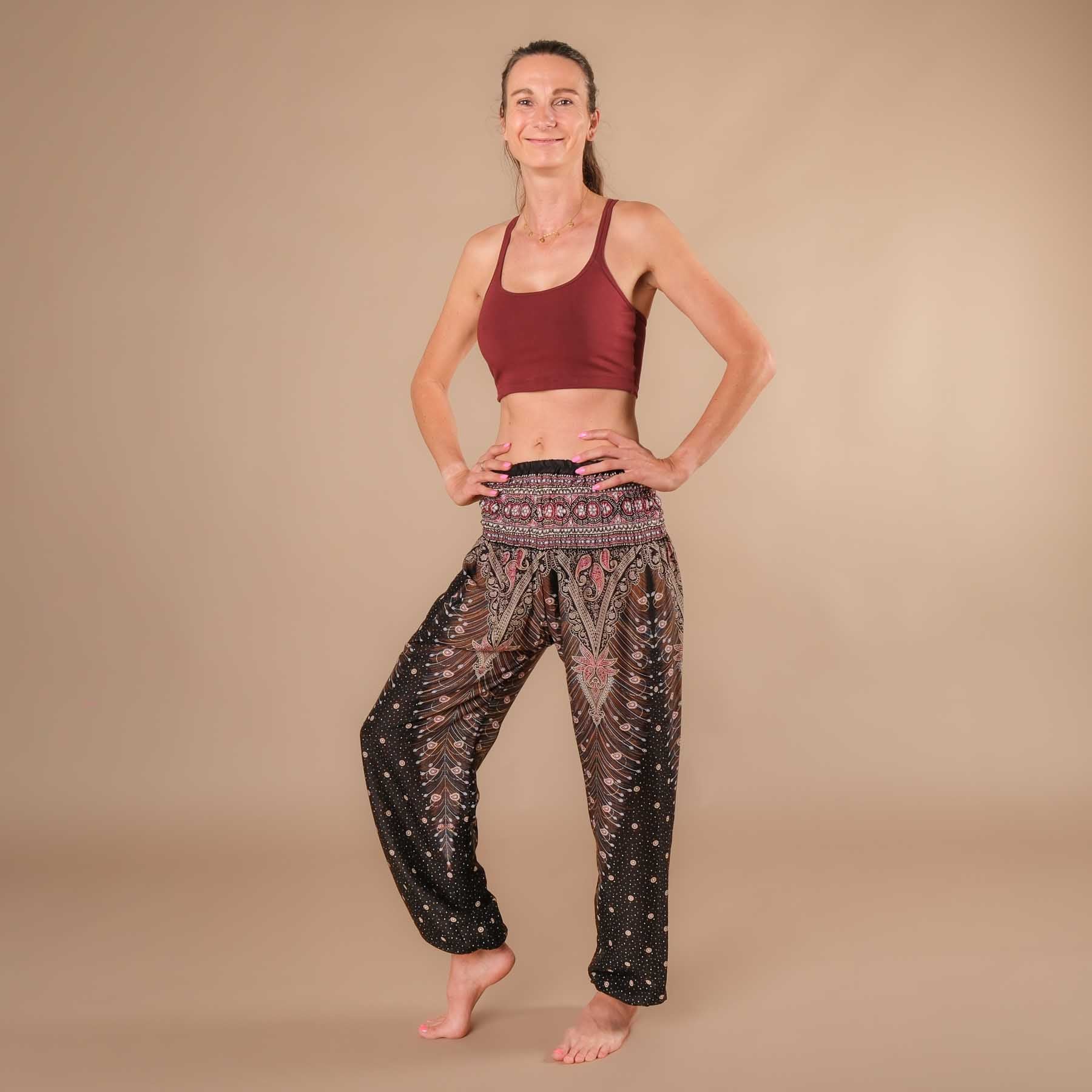 Pantaloni harem da yoga Feather nero-bordeaux