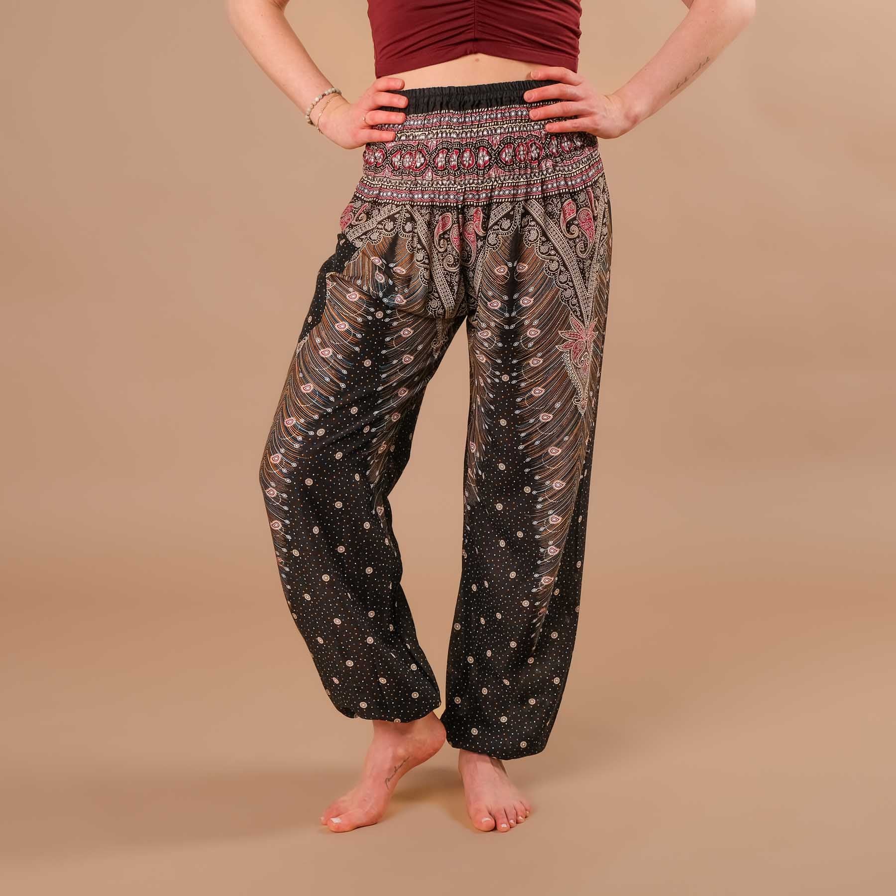 Pantaloni harem da yoga Feather nero-bordeaux