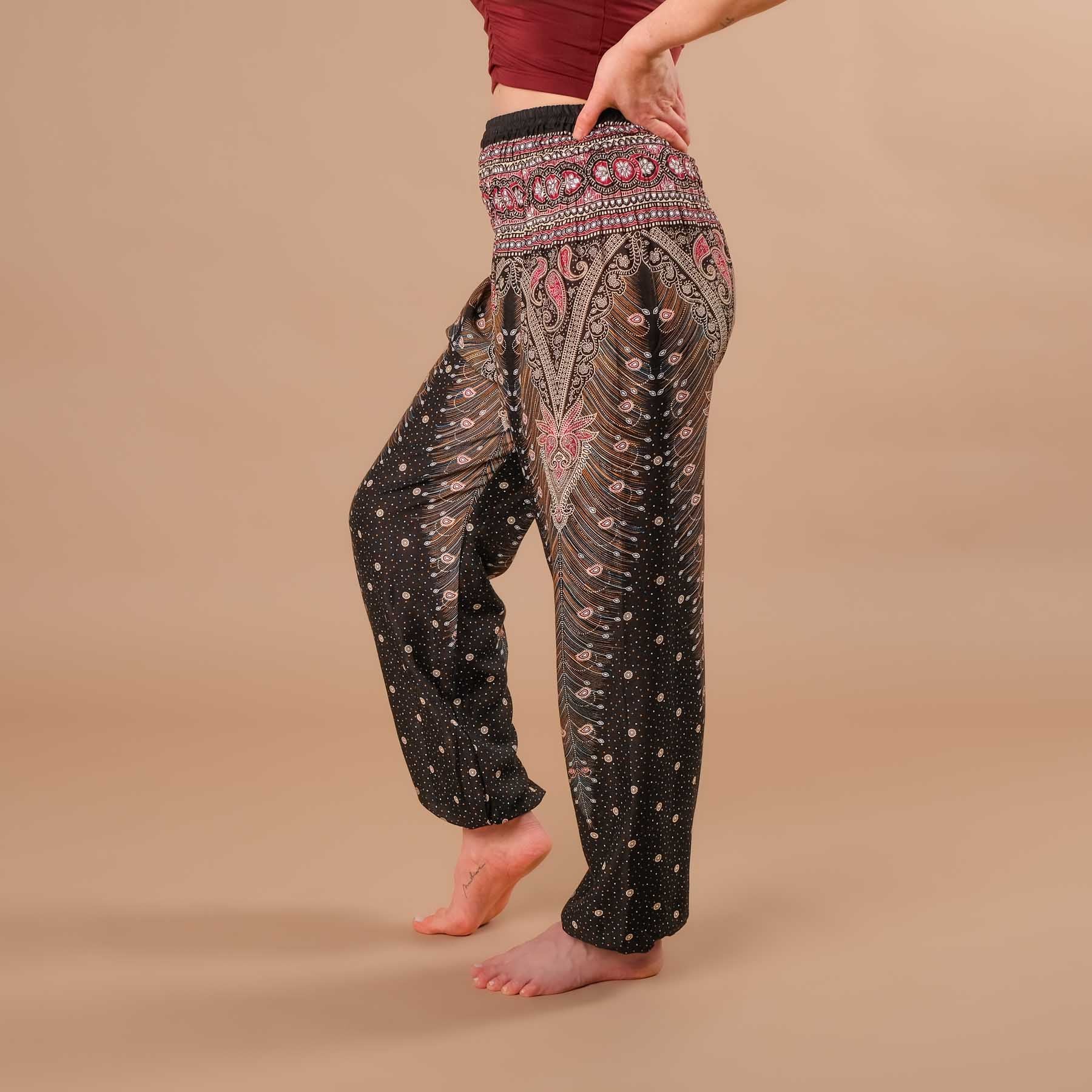 Pantaloni harem da yoga Feather nero-bordeaux