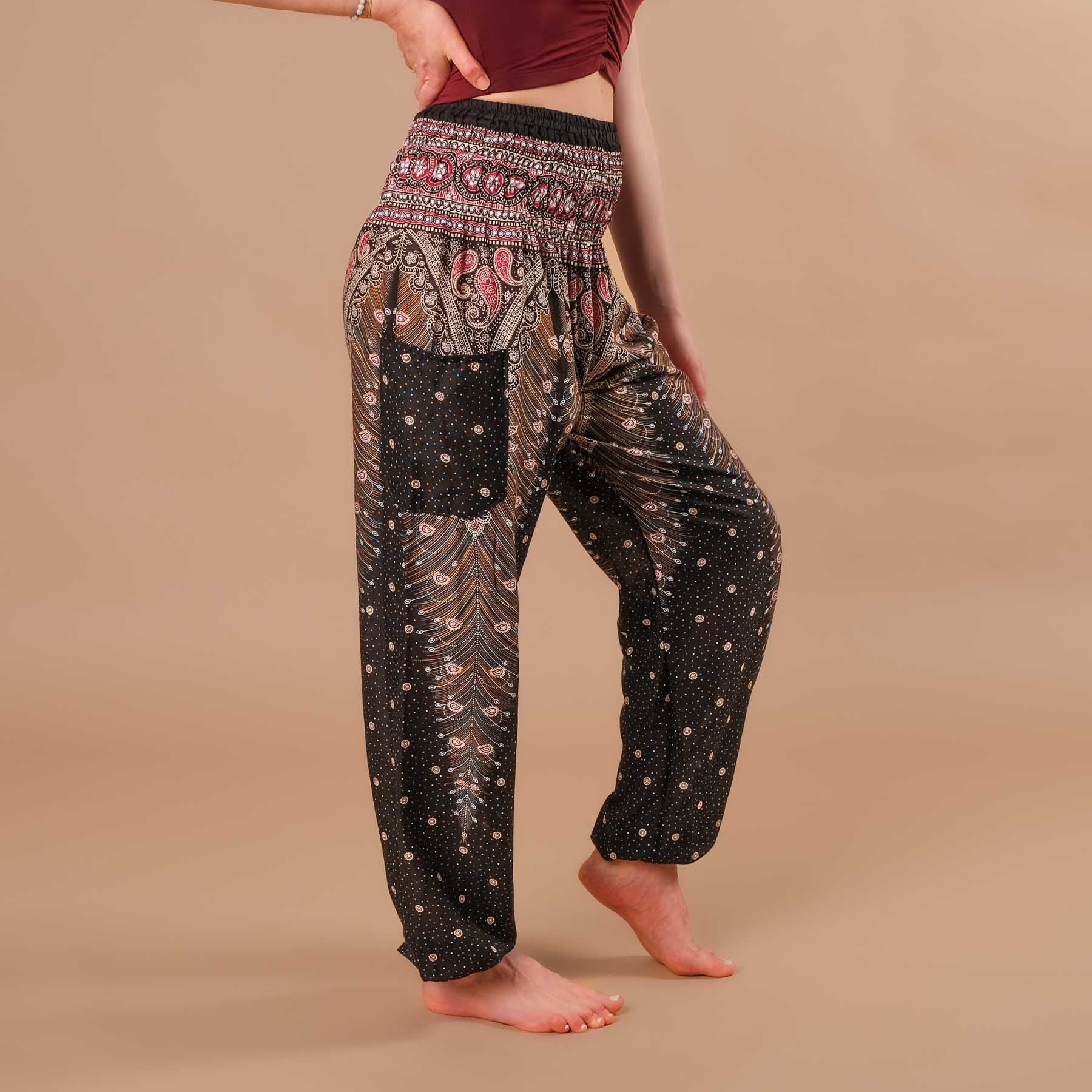 Pantaloni harem da yoga Feather nero-bordeaux