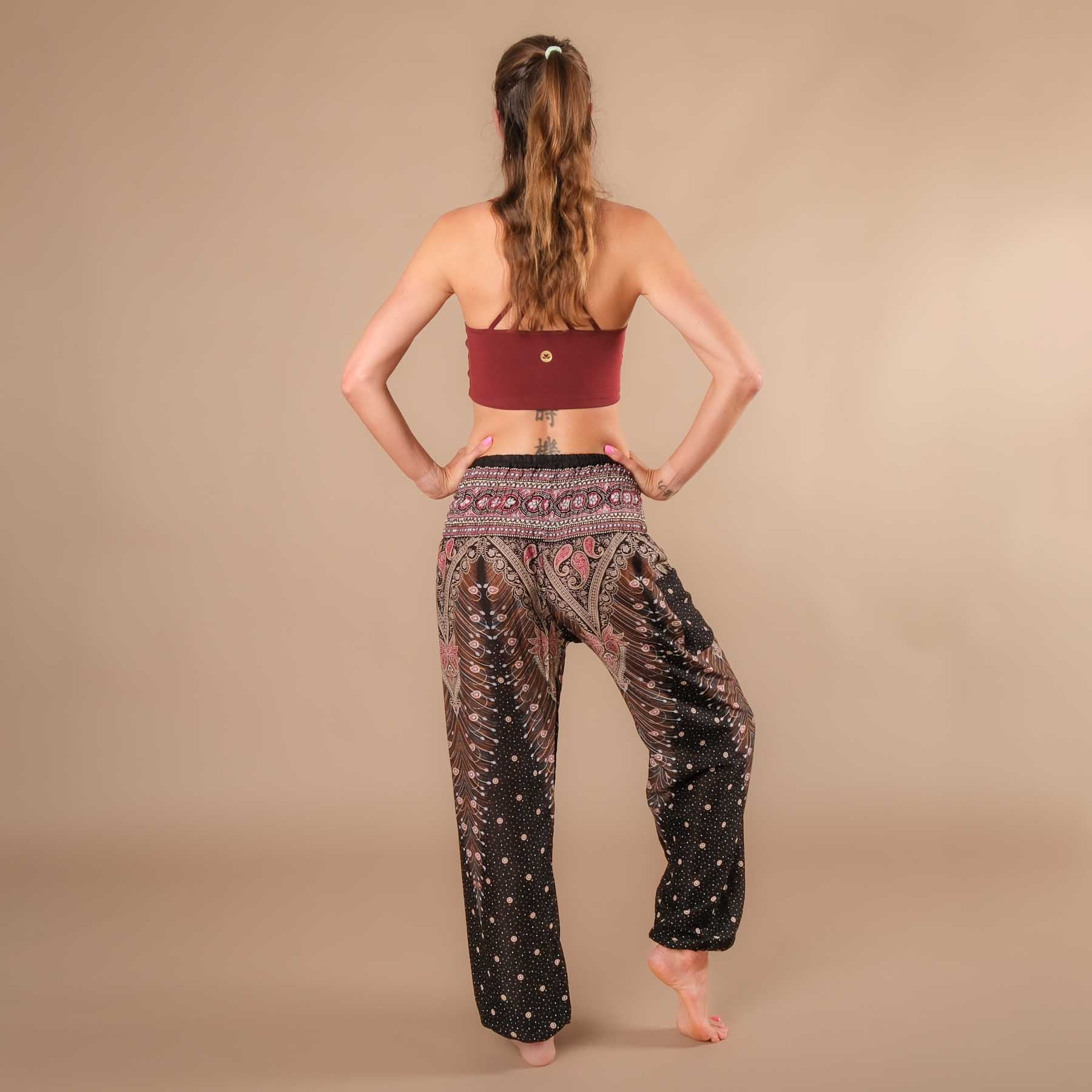 Pantaloni harem da yoga Feather nero-bordeaux