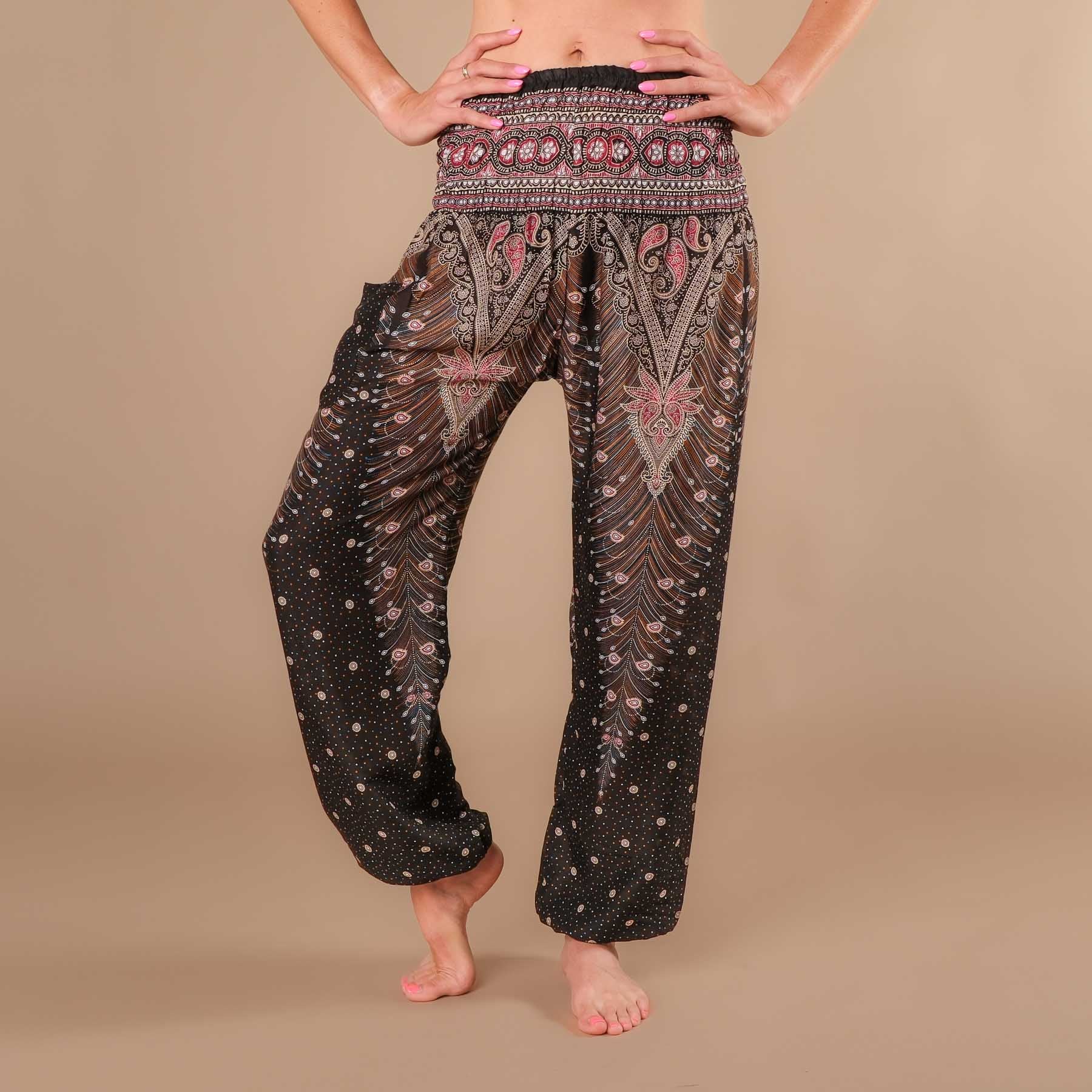 Pantaloni harem da yoga Feather nero-bordeaux