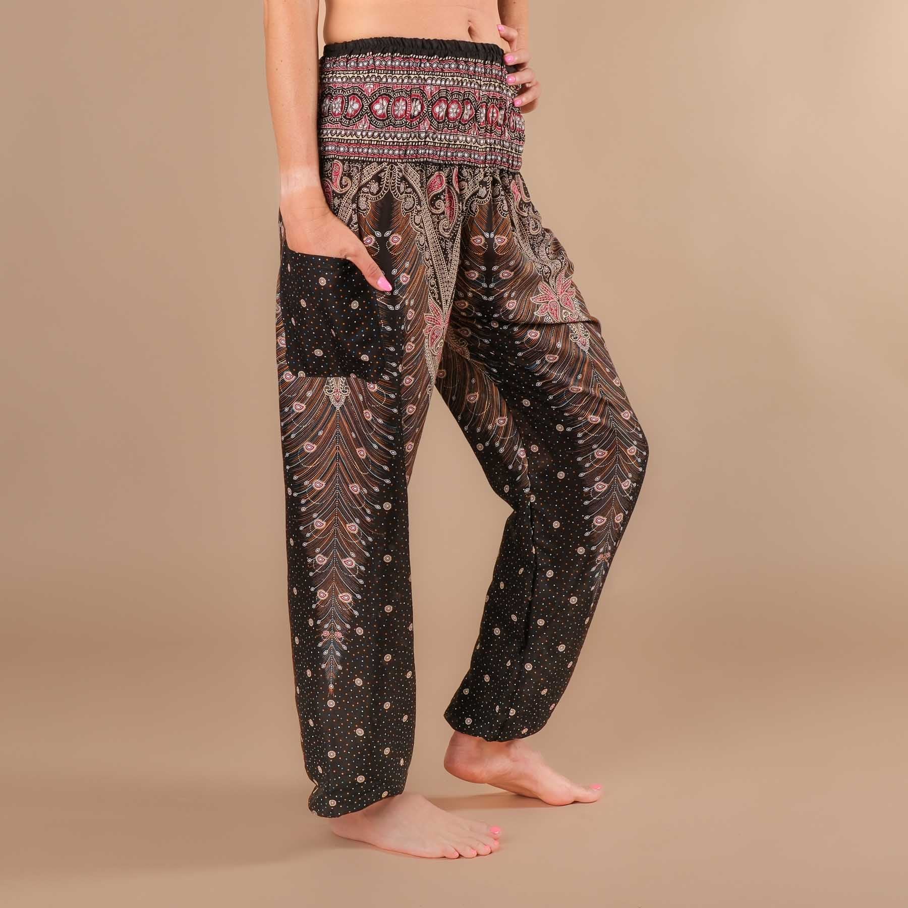 Pantaloni harem da yoga Feather nero-bordeaux