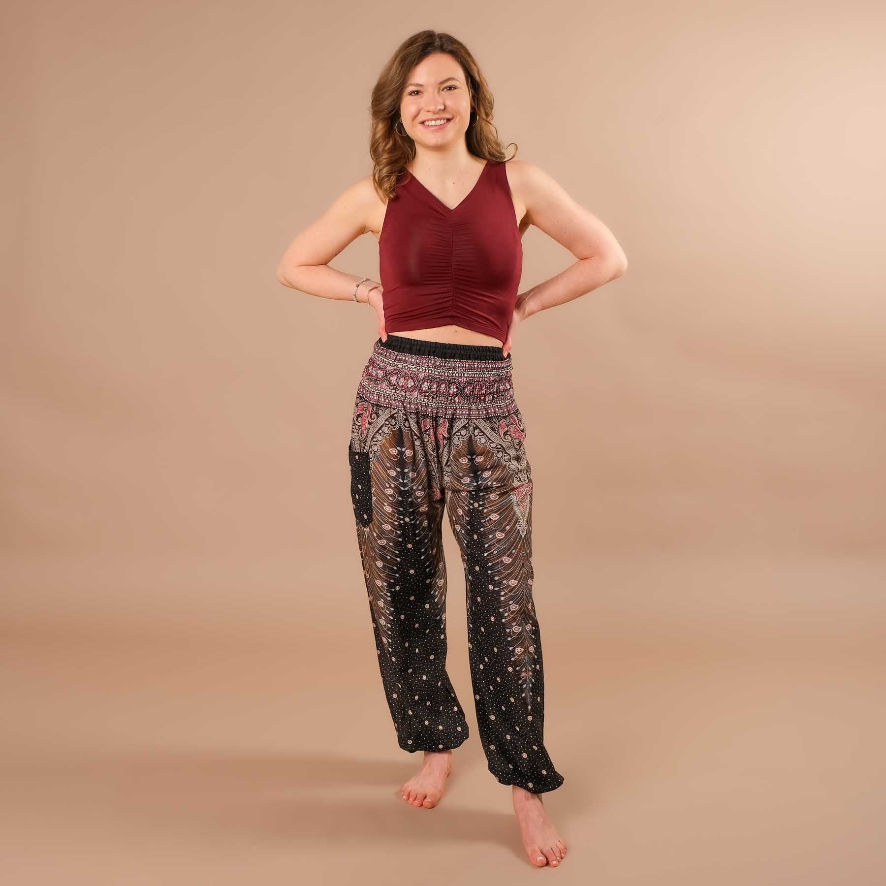 Pantaloni harem da yoga Feather nero-bordeaux