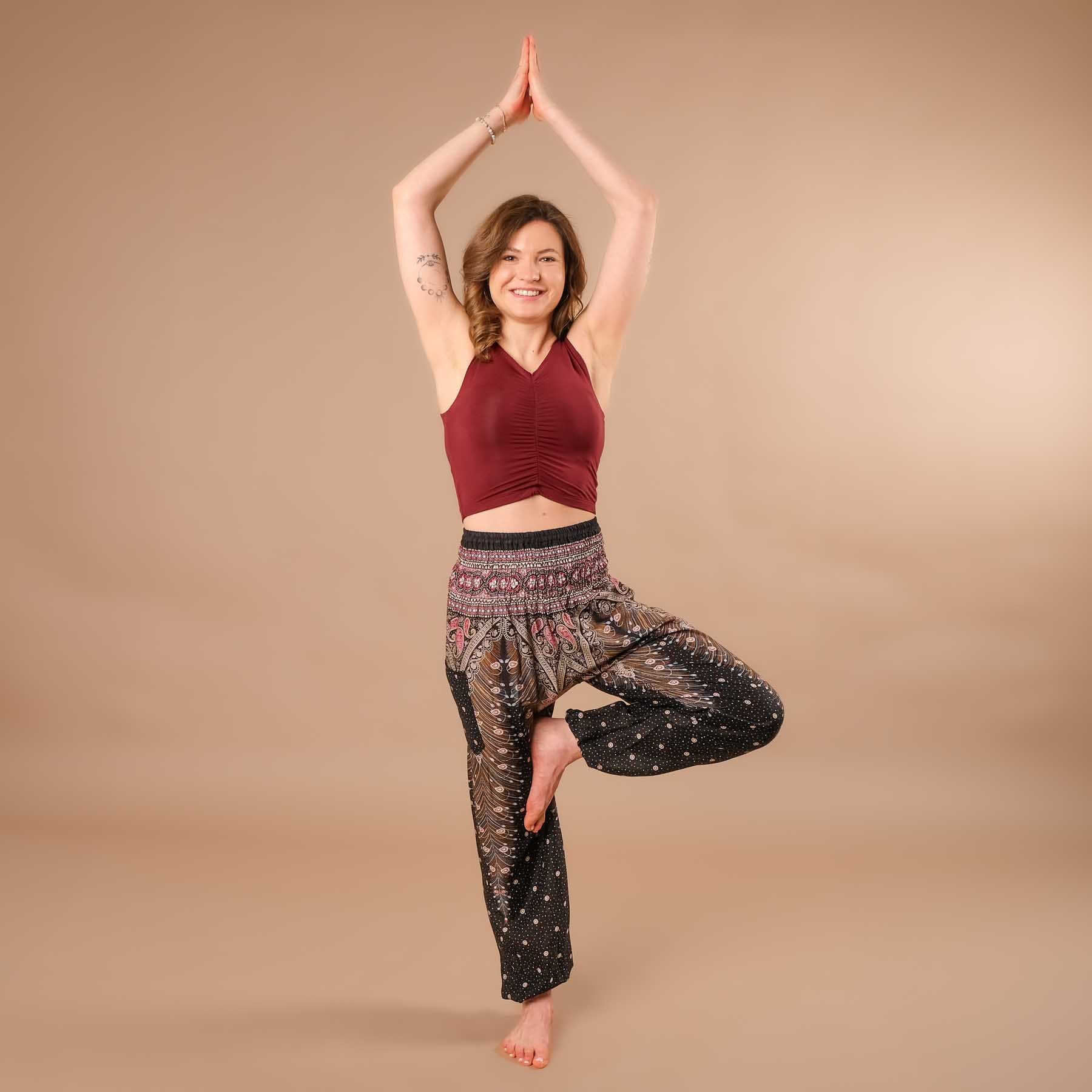 Pantaloni harem da yoga Feather nero-bordeaux