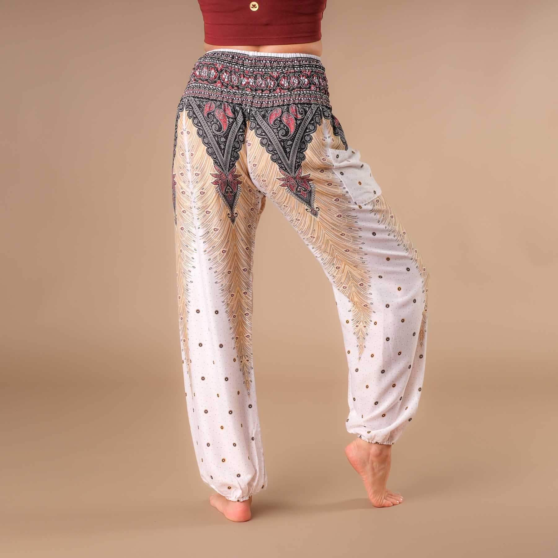 Pantaloni yoga harem bianco piuma