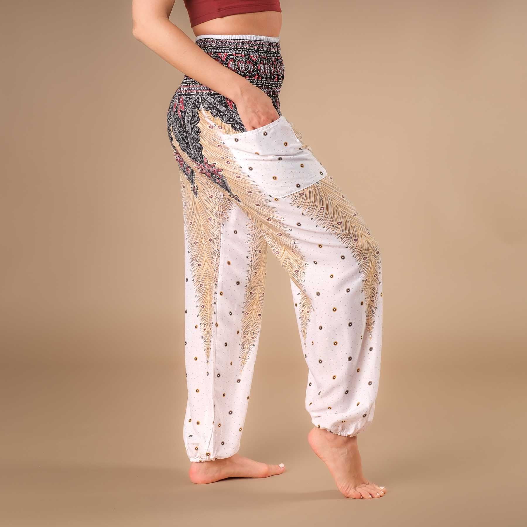 Pantaloni yoga harem bianco piuma