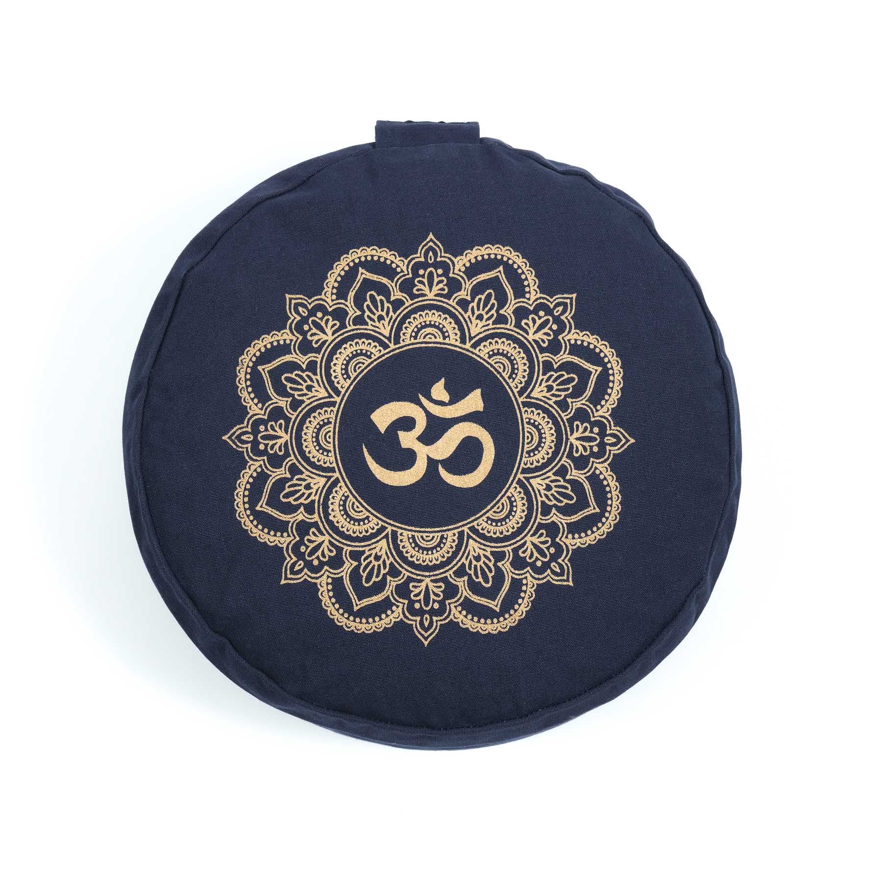 Cuscino da meditazione rotondo Mandala OM stampa oro blu navy