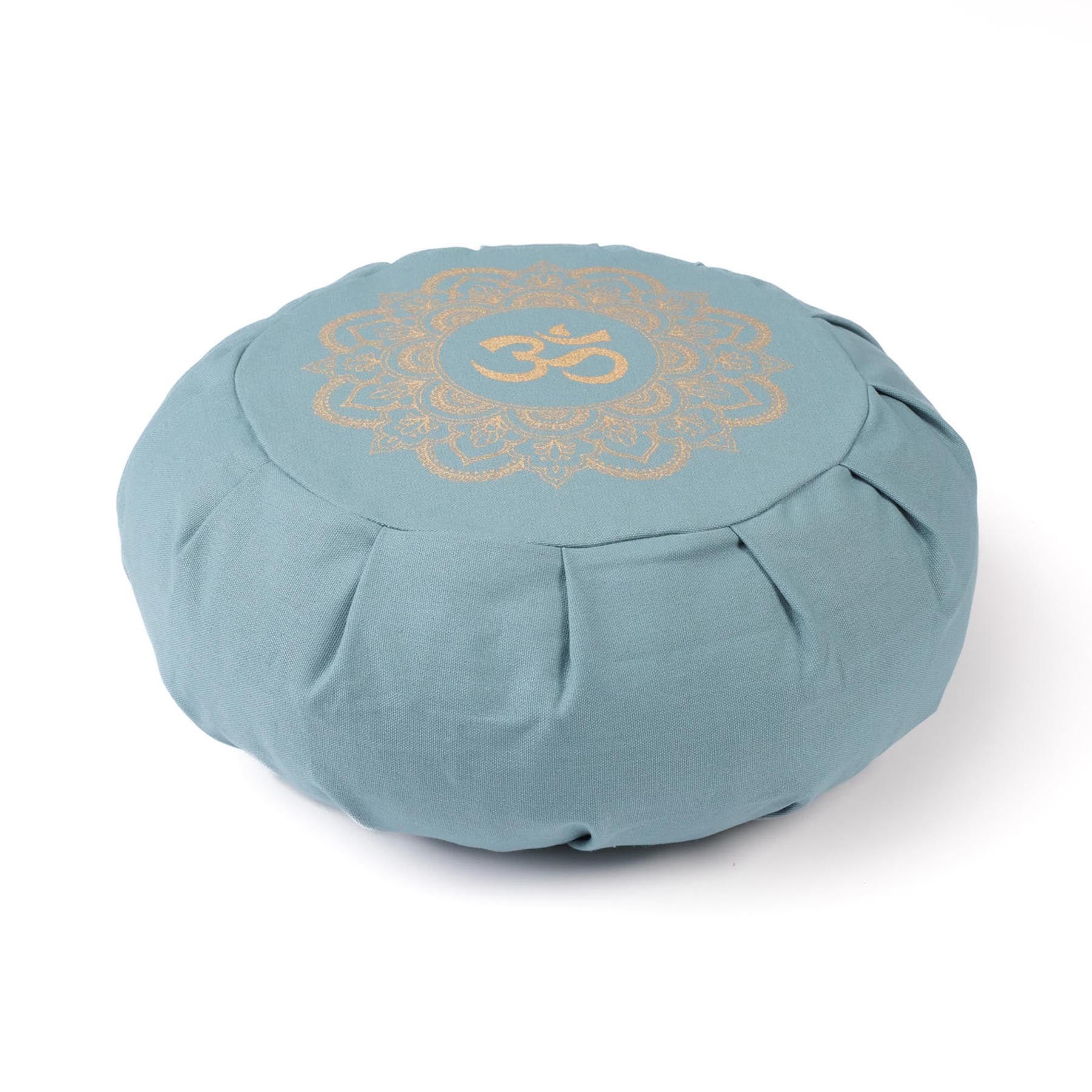 Cuscino da meditazione Zafu in cotone organico con stampa oro Mandala OM verde-acqua