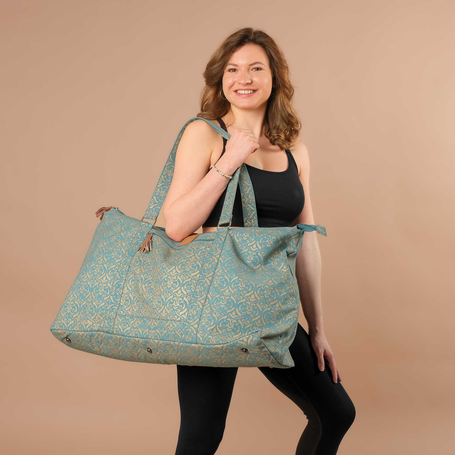 Yoga Bag Large - Borsa da viaggio in cotone con stampa a blocchi turchese