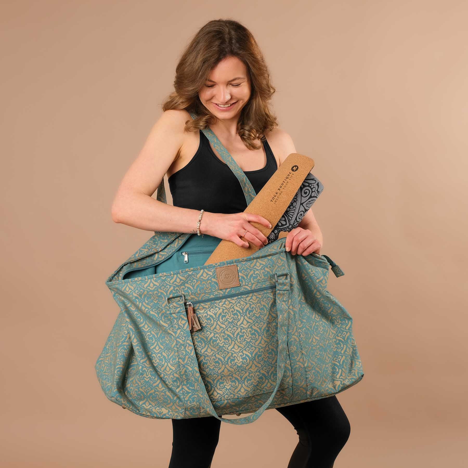 Yoga Bag Large - Borsa da viaggio in cotone con stampa a blocchi turchese