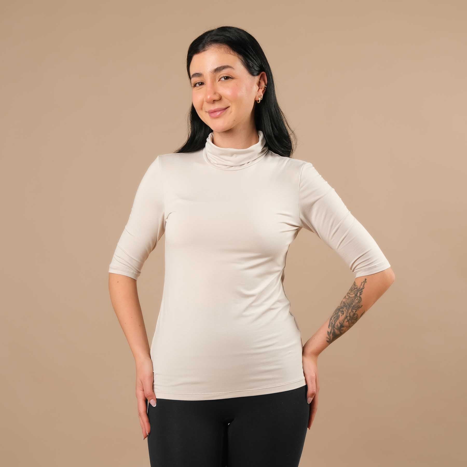 Camicia yoga collo alto manica corta sabbia