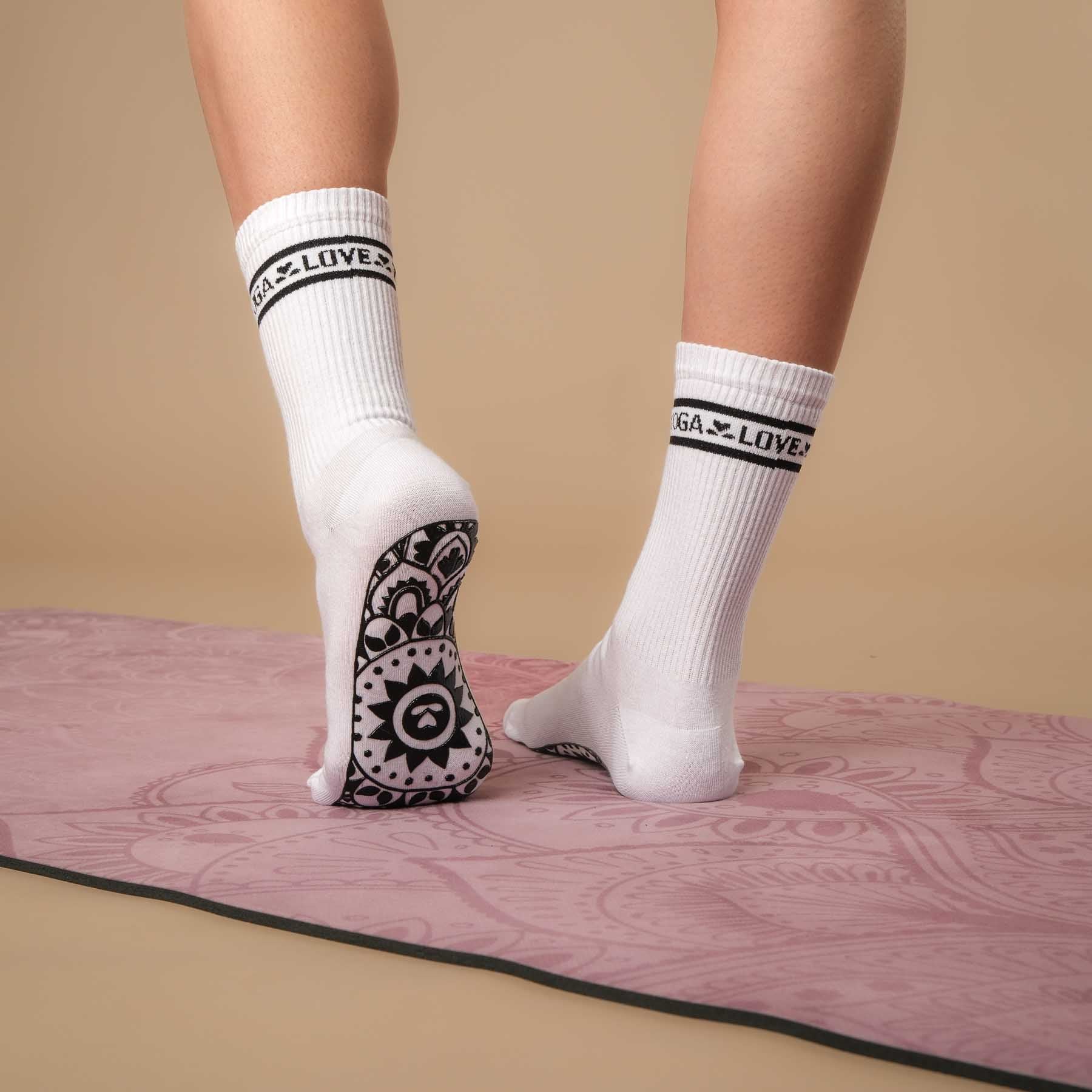 Calze antiscivolo yoga alte con motivo mandala bianco