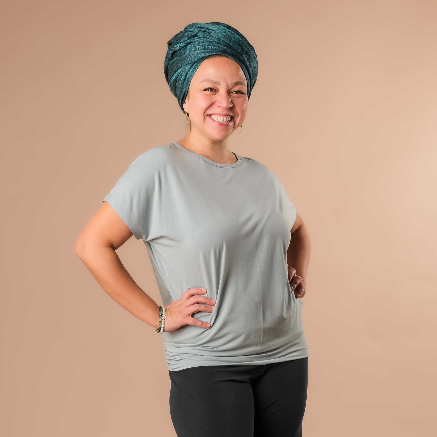 Camicia da yoga Comfy a maniche corte prodotta in Svizzera in modo sostenibile green-water