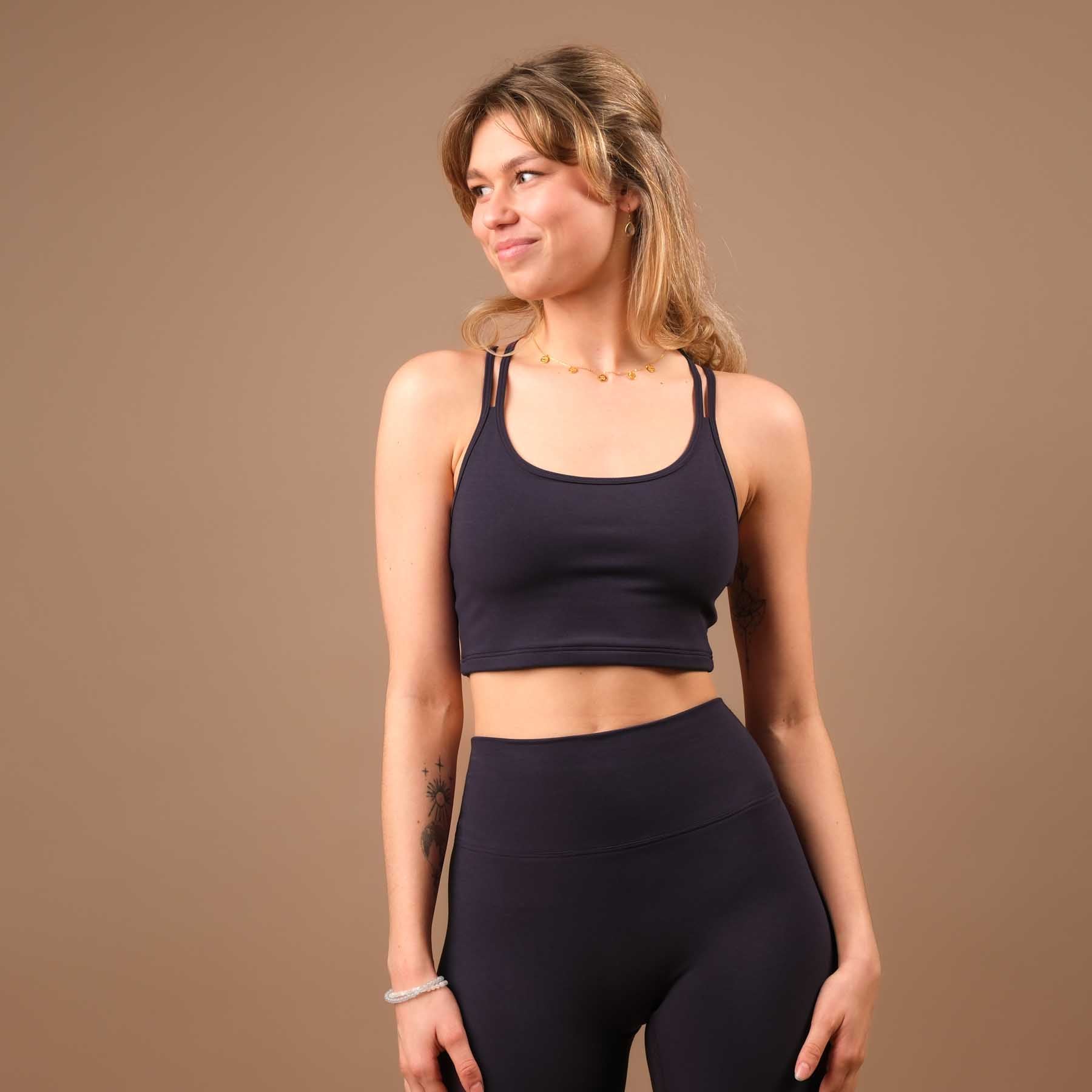 Crop Top Joy da yoga sostenibile con spalline incrociate navy