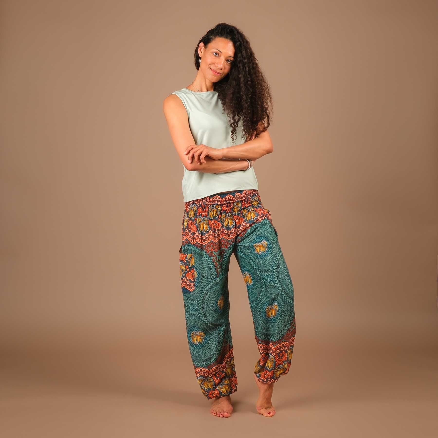 Pantaloni Harem Yoga Pantaloni Boho Elefante turchese