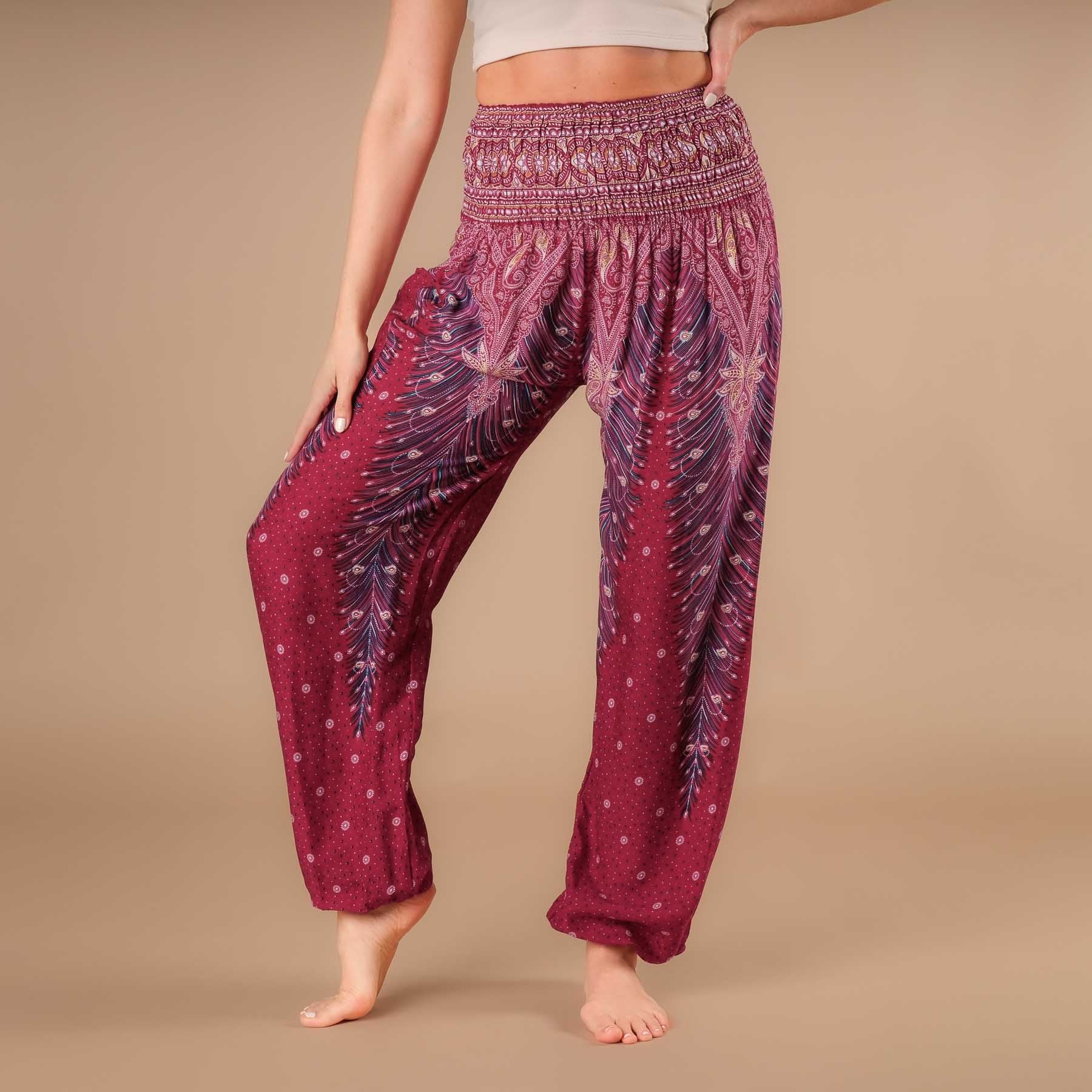 Pantaloni harem yoga rosso piuma