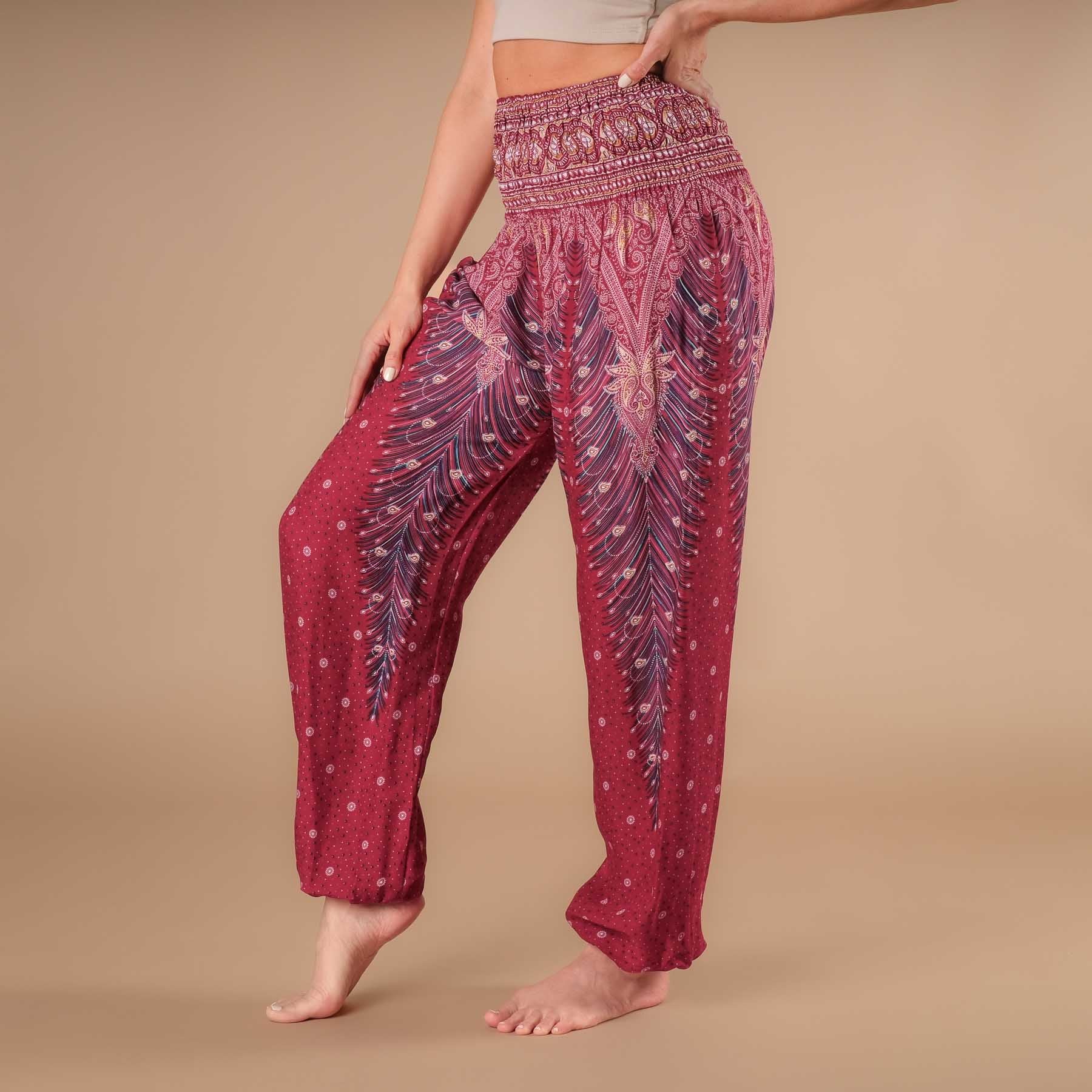 Pantaloni harem yoga rosso piuma