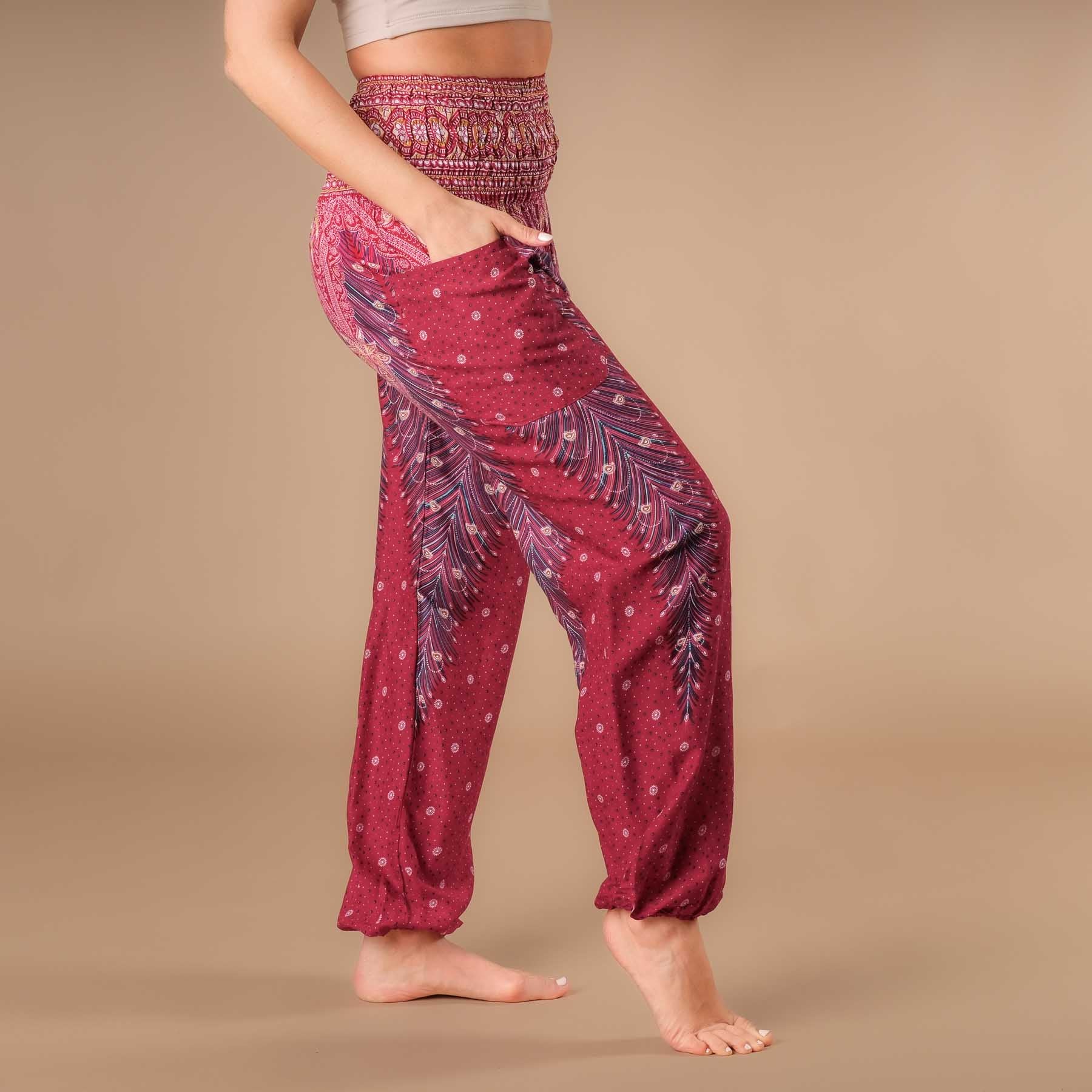 Pantaloni harem yoga rosso piuma