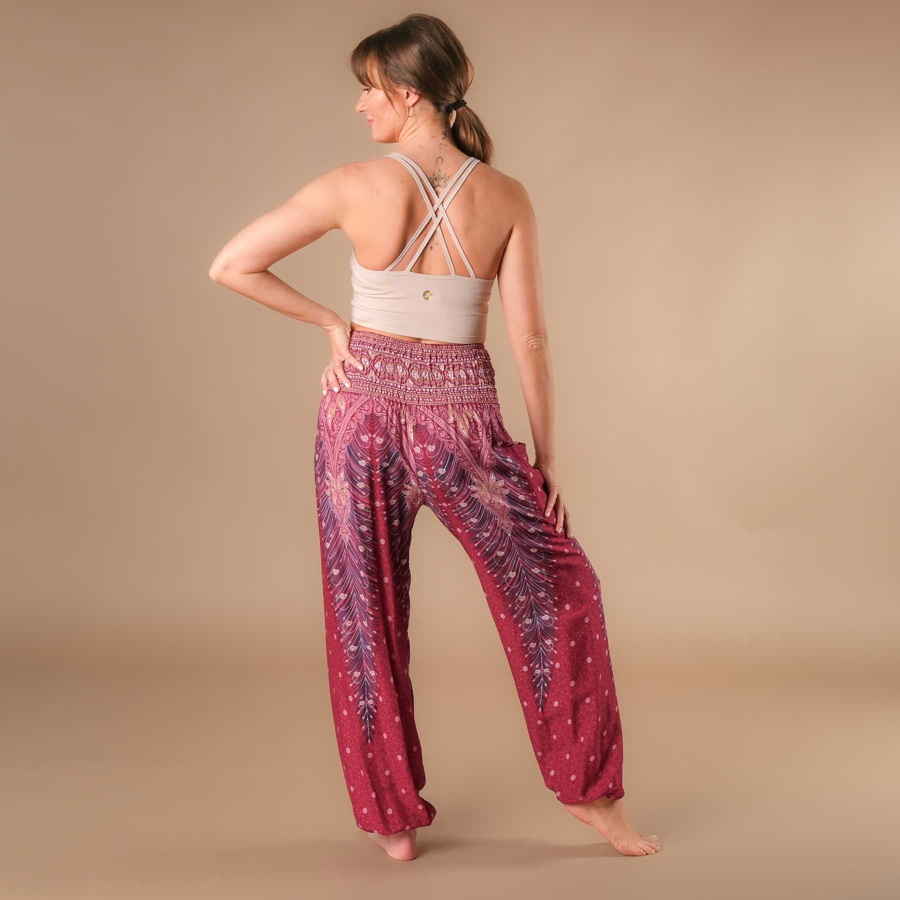 Pantaloni harem yoga rosso piuma