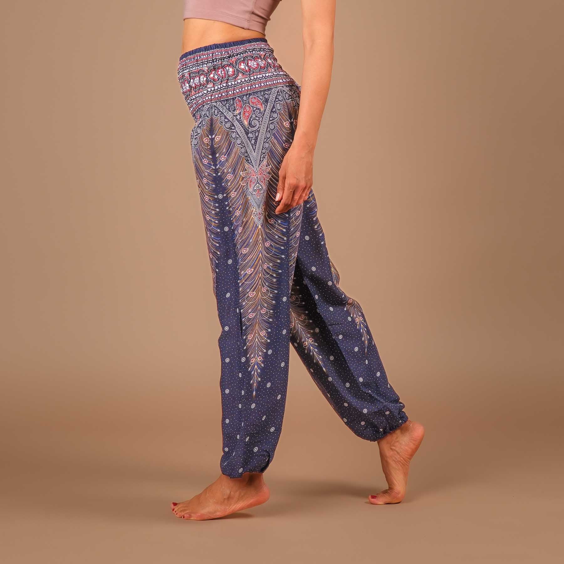 Pantaloni harem yoga blu piuma