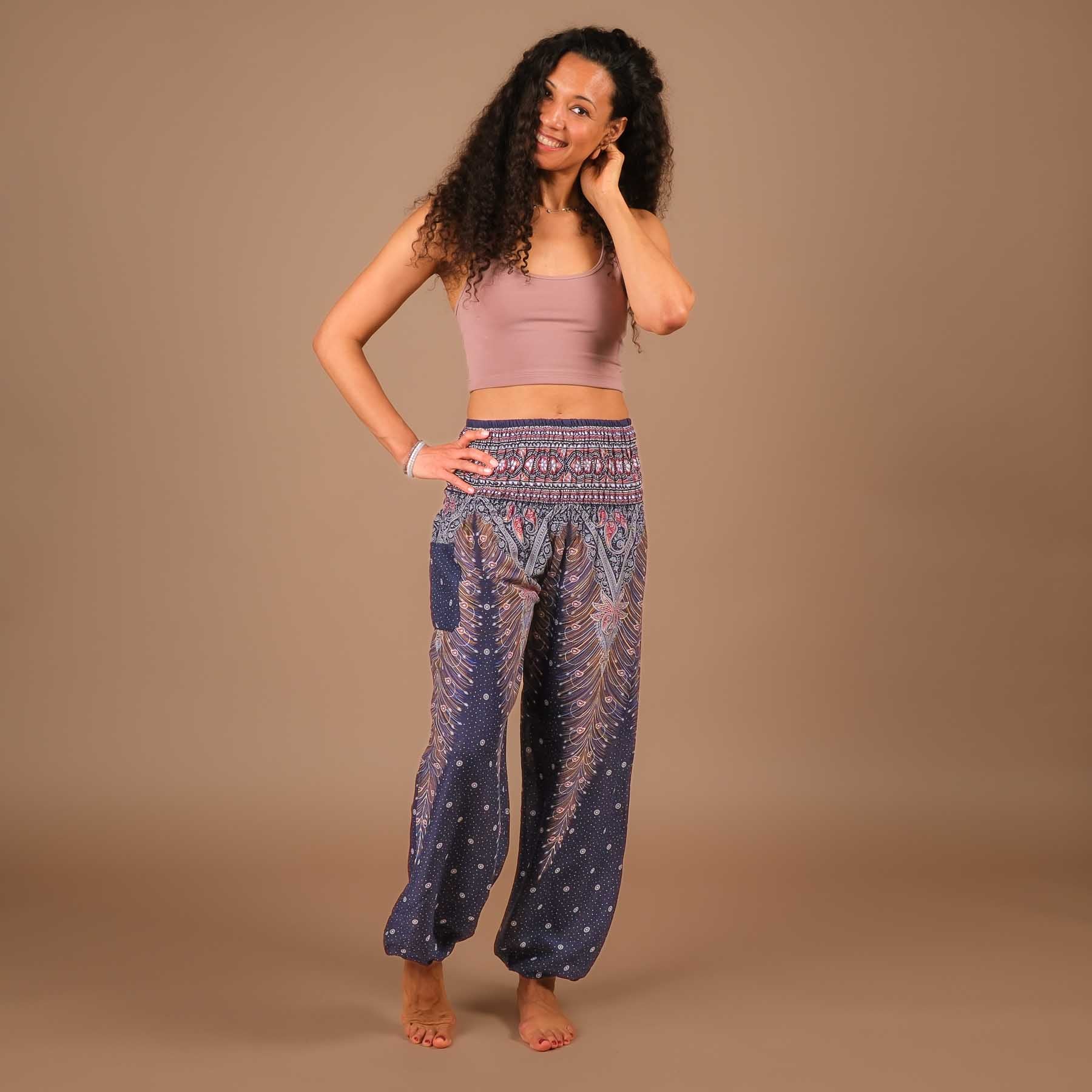 Pantaloni harem yoga blu piuma