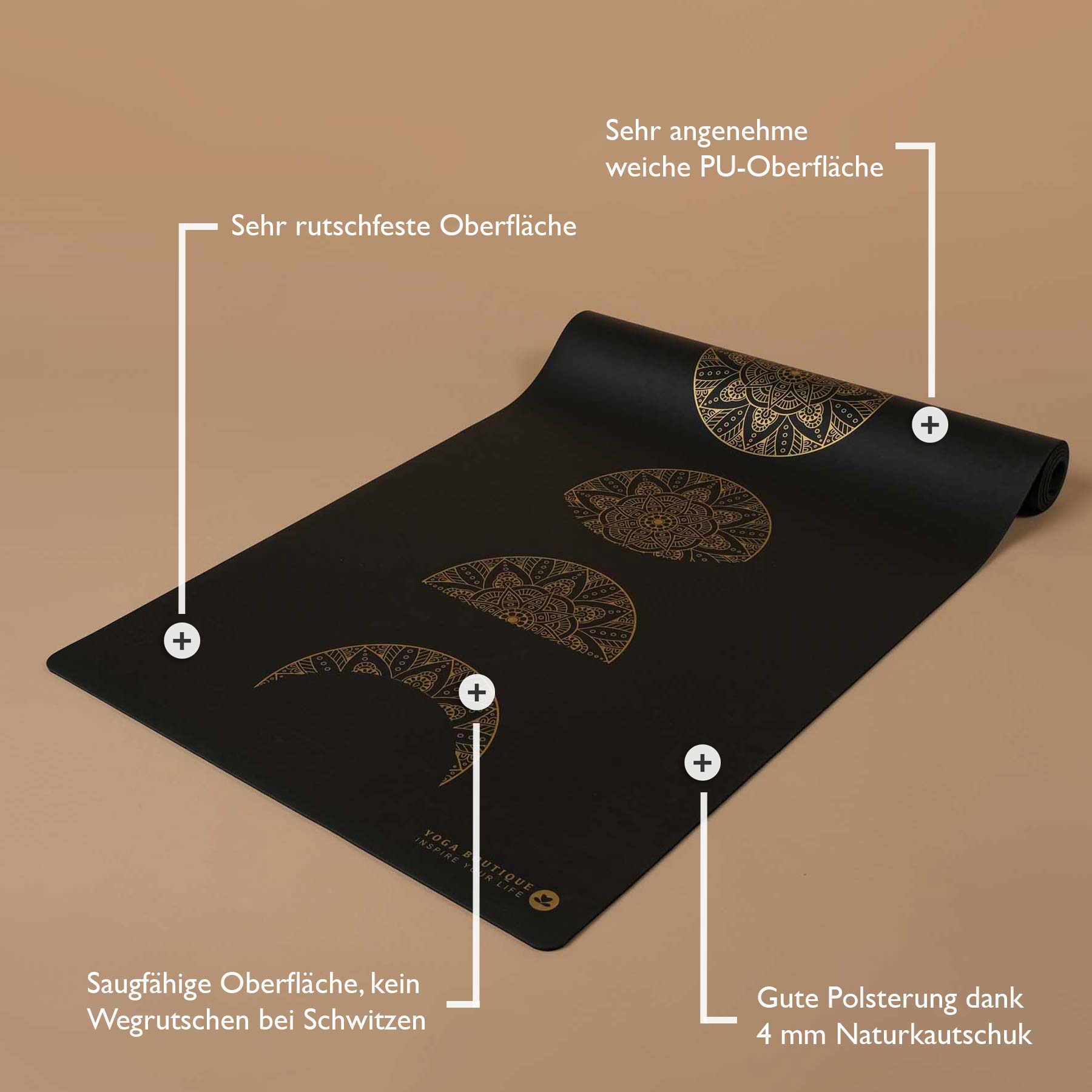 Tappetino Yoga SuperGrip 2.0 Mandala Moon super antiscivolo in gomma naturale nero