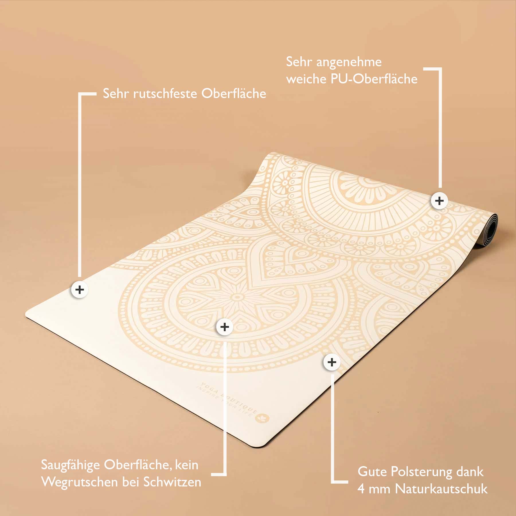 Tappetino yoga SuperGrip 2.0 Mandala molto antiscivolo bianco in gomma naturale con buona aderenza