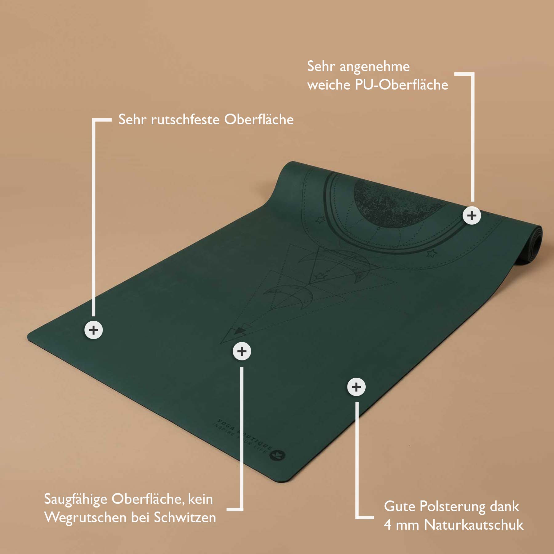 Tappetino yoga SuperGrip 2.0 Moon verde scuro in gomma naturale super antiscivolo con linee guida per un corretto allineamento