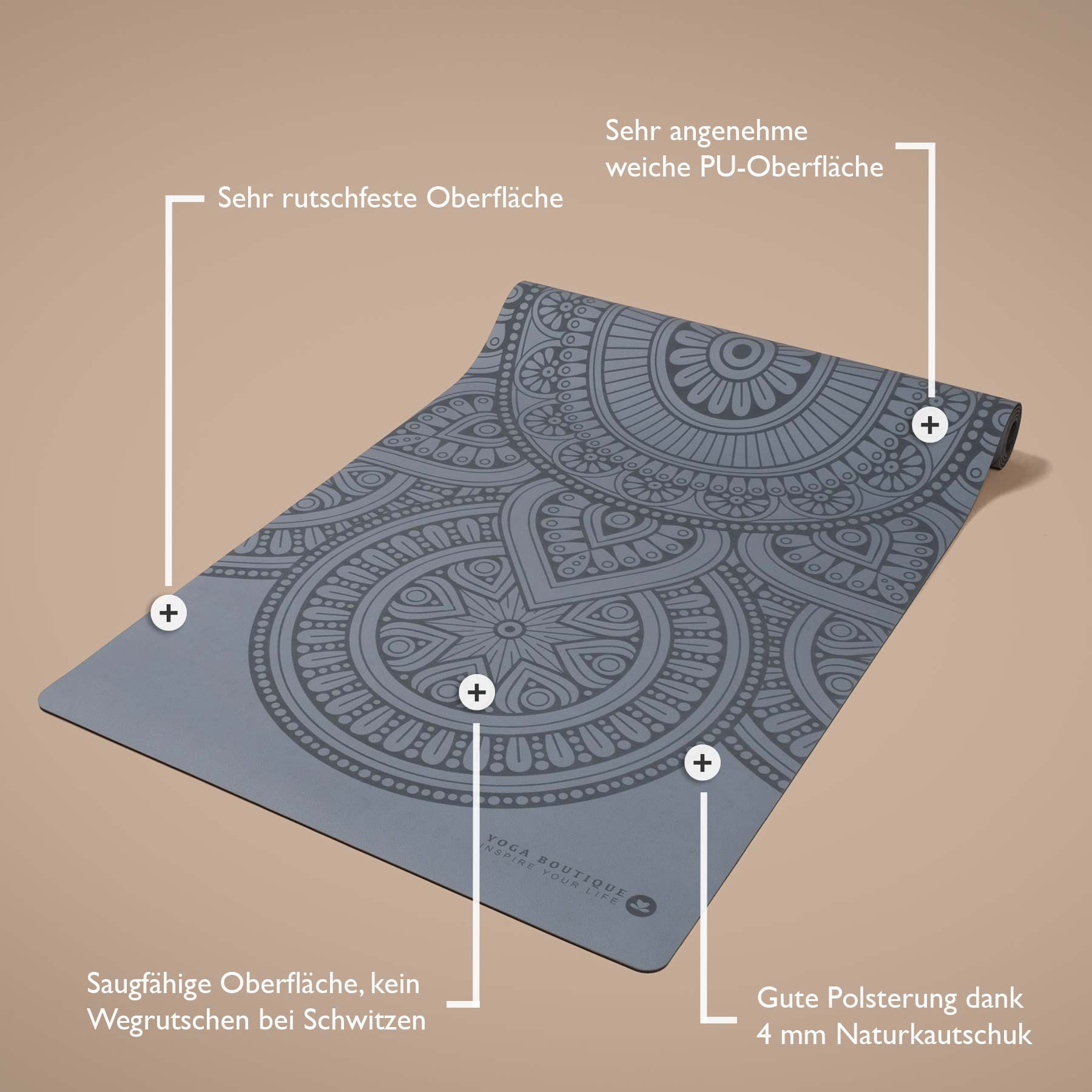 Tappetino yoga SuperGrip 2.0 Mandala molto antiscivolo grigio blu