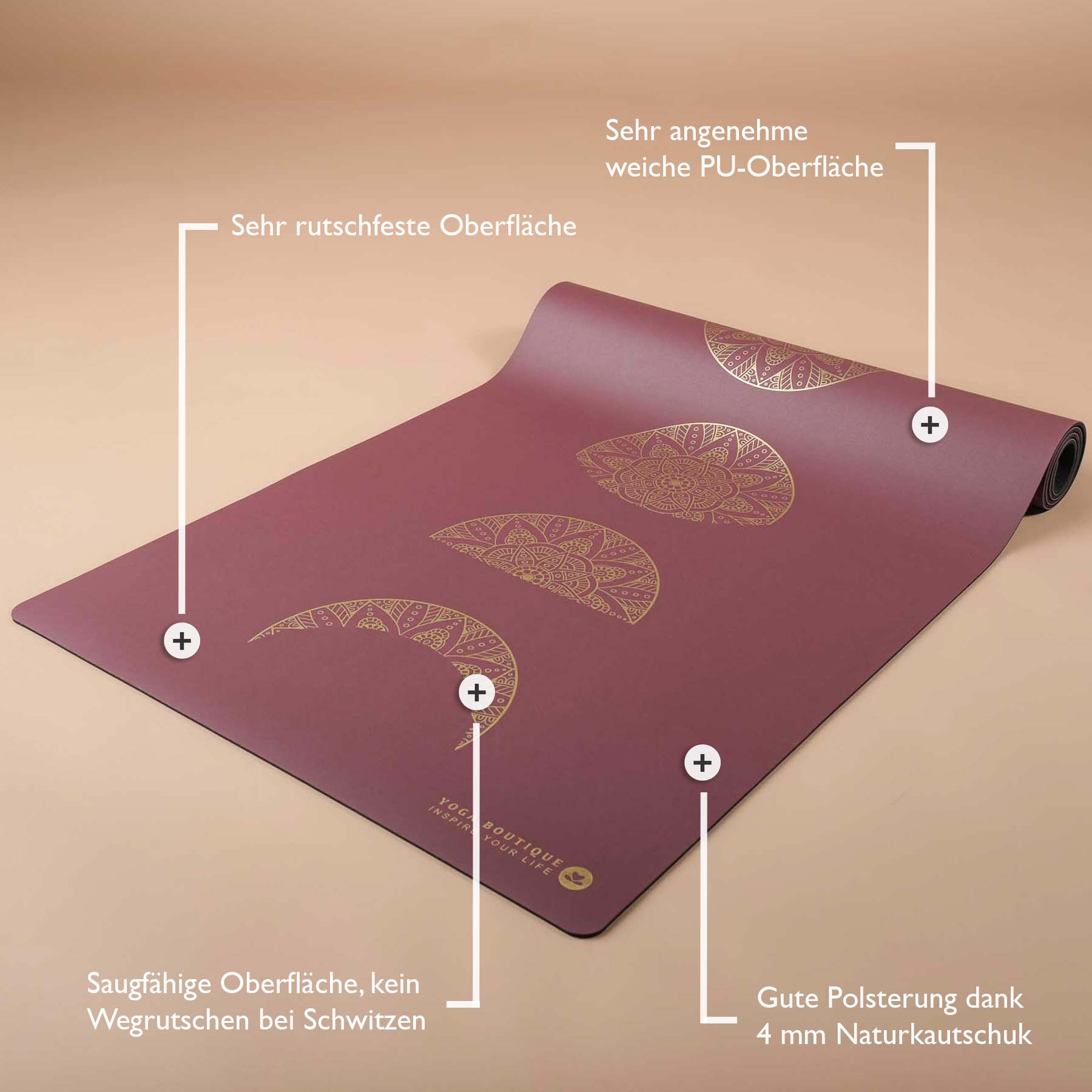 Tappetino yoga SuperGrip 2.0 Mandala Moon super antiscivolo in gomma naturale berry