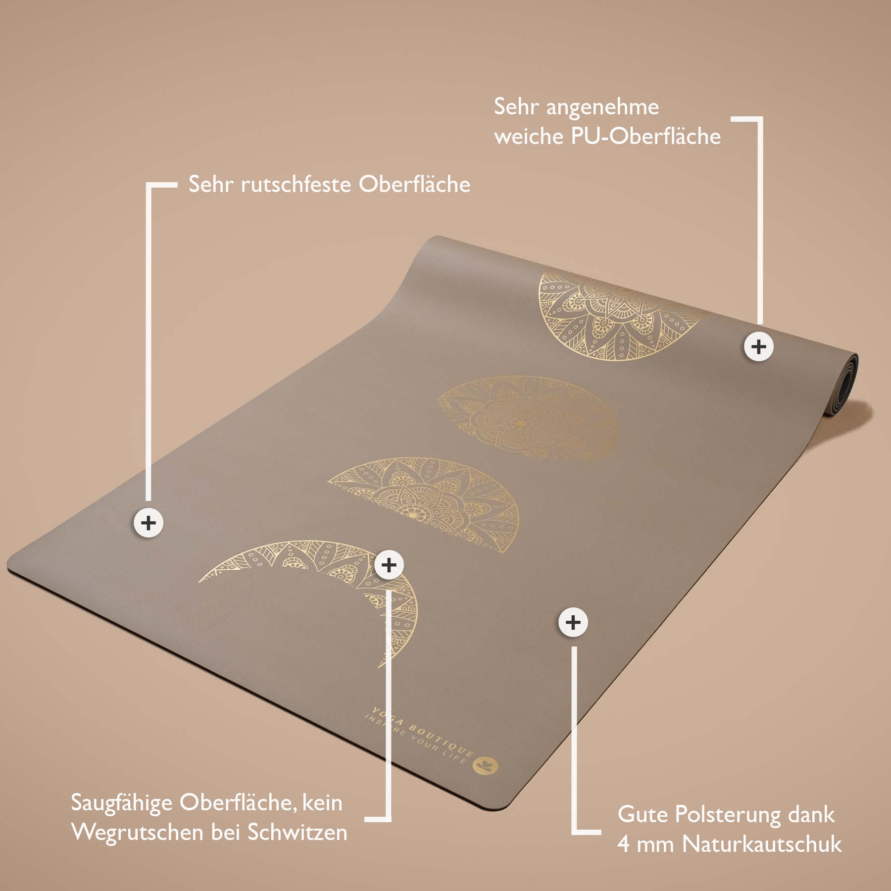 Tappetino Yoga SuperGrip 2.0 Mandala Moon super antiscivolo in gomma naturale sabbia