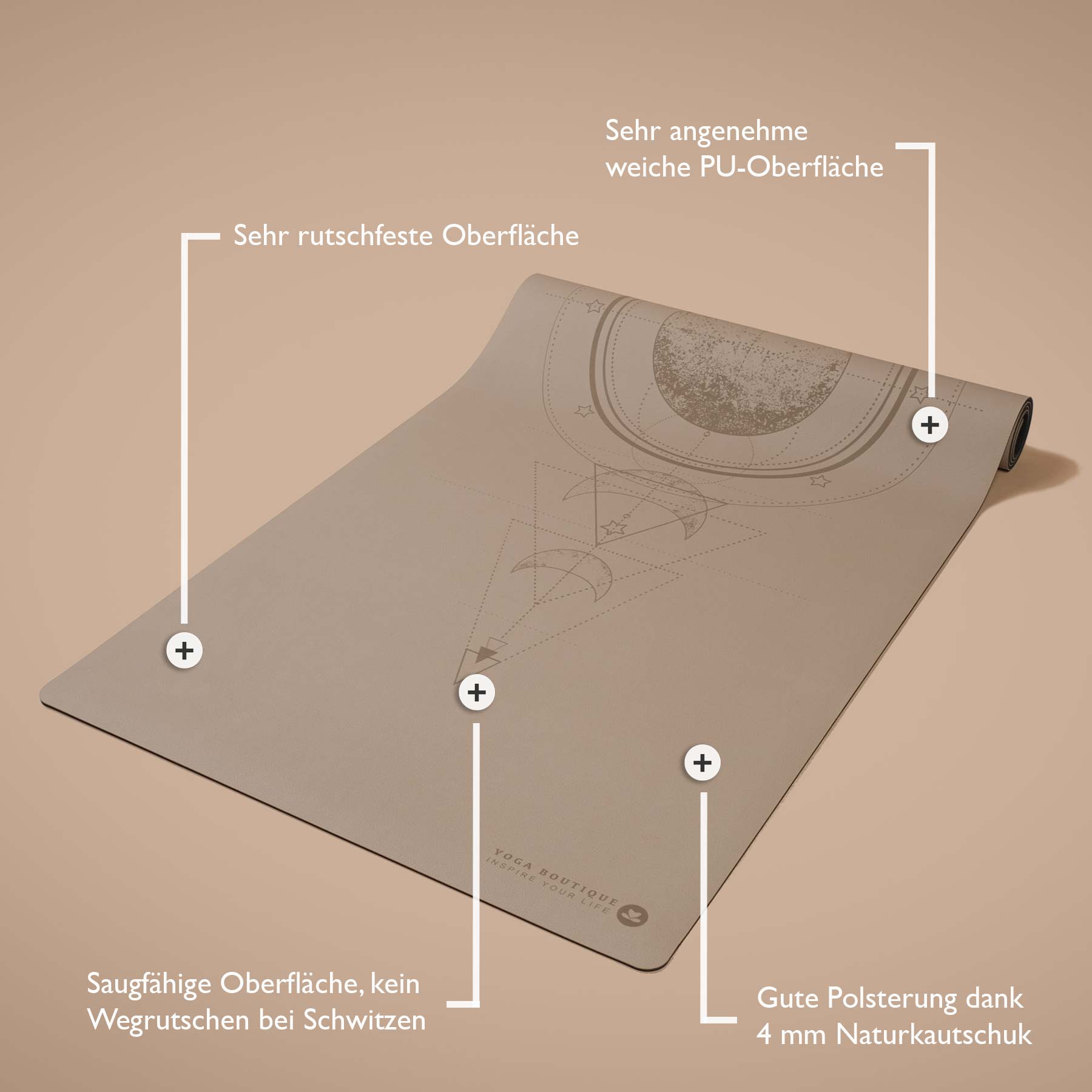 Tappetino yoga SuperGrip 2.0 Luna con linee guida per un corretto allineamento sabbia