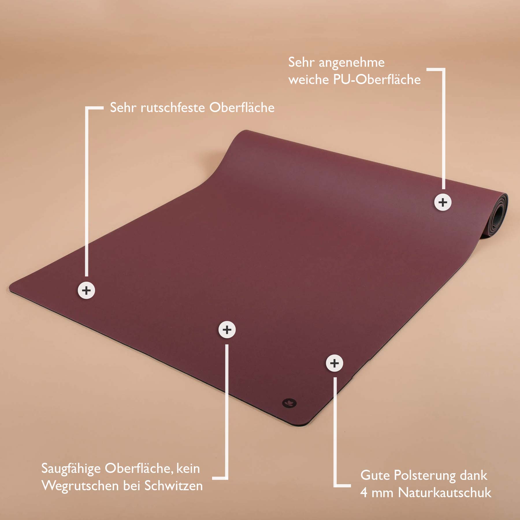 Tappetino da yoga SuperGrip molto antiscivolo in gomma naturale sostenibile di colore berry