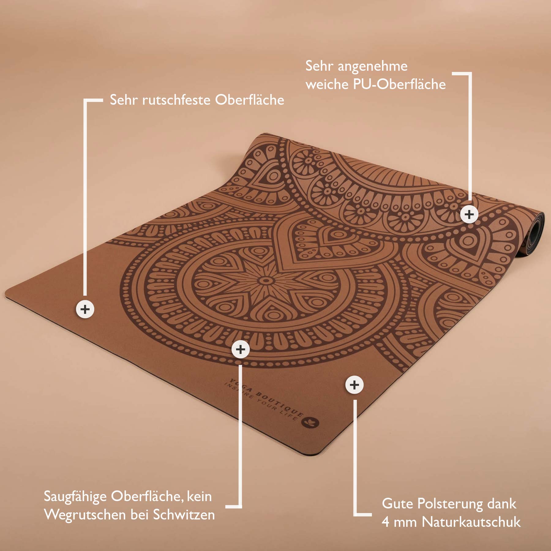 Tappetino yoga SuperGrip 2.0 Mandala molto antiscivolo caffè tappetino yoga in gomma naturale con buona aderenza