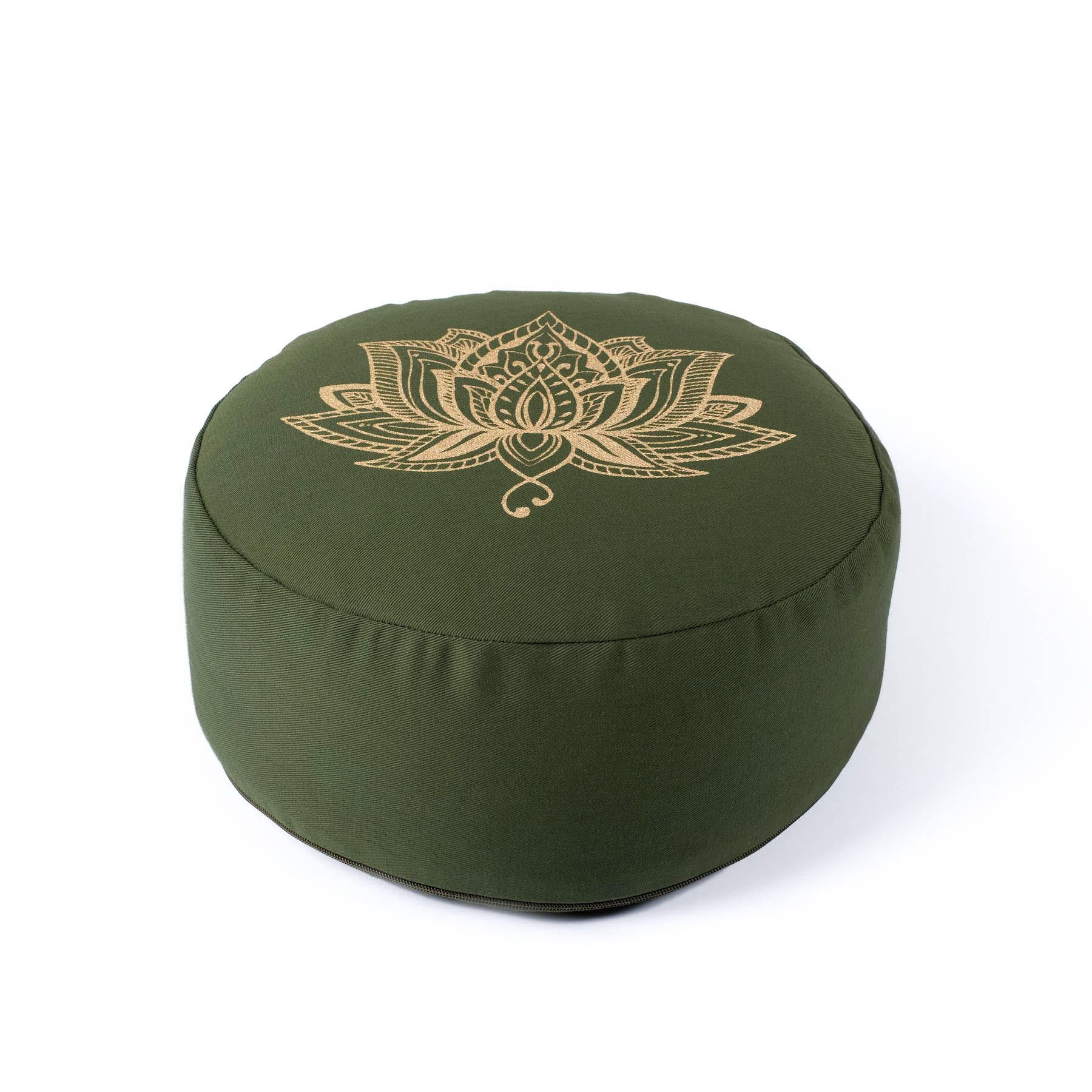 Cuscino da meditazione rotondo con stampa oro Lotus verde oliva