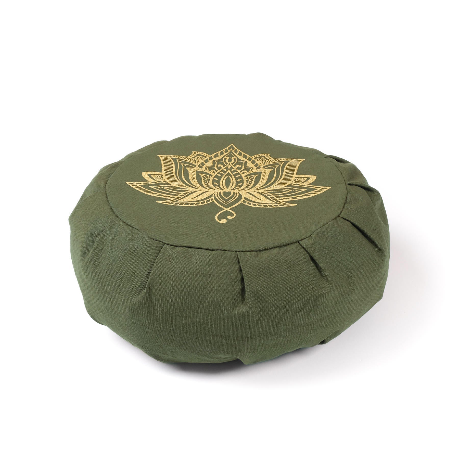 Cuscino da meditazione Zafu in cotone organico verde oliva con stampa oro del loto