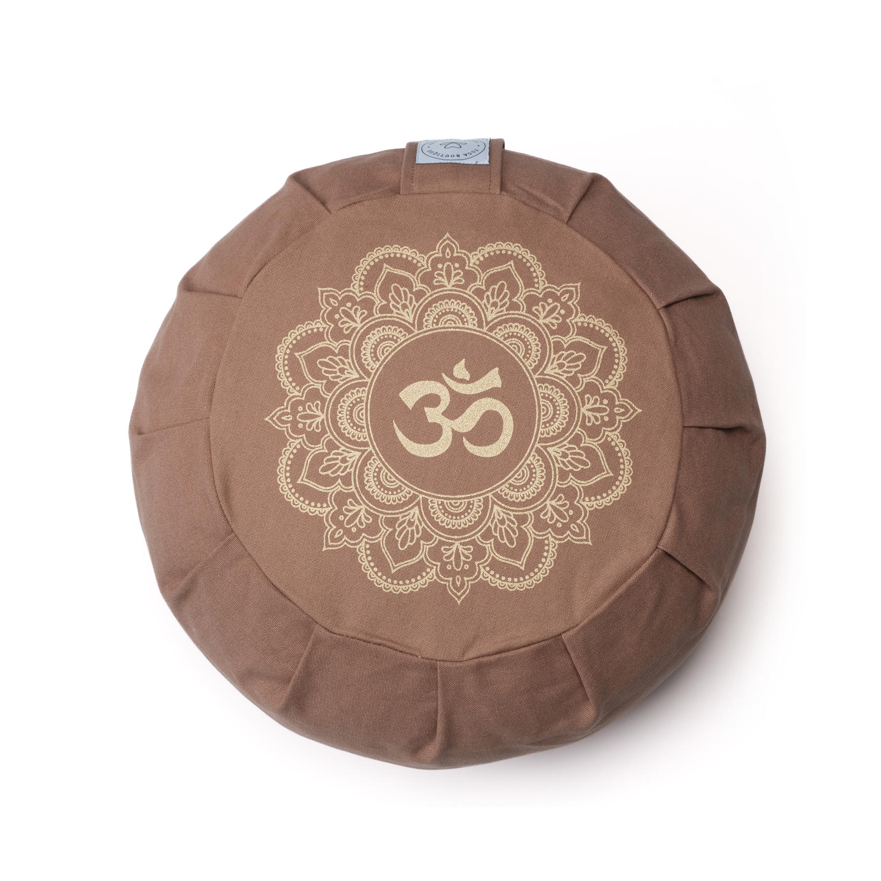 Cuscino da meditazione Zafu in cotone organico con stampa oro Mandala OM marrone-terra