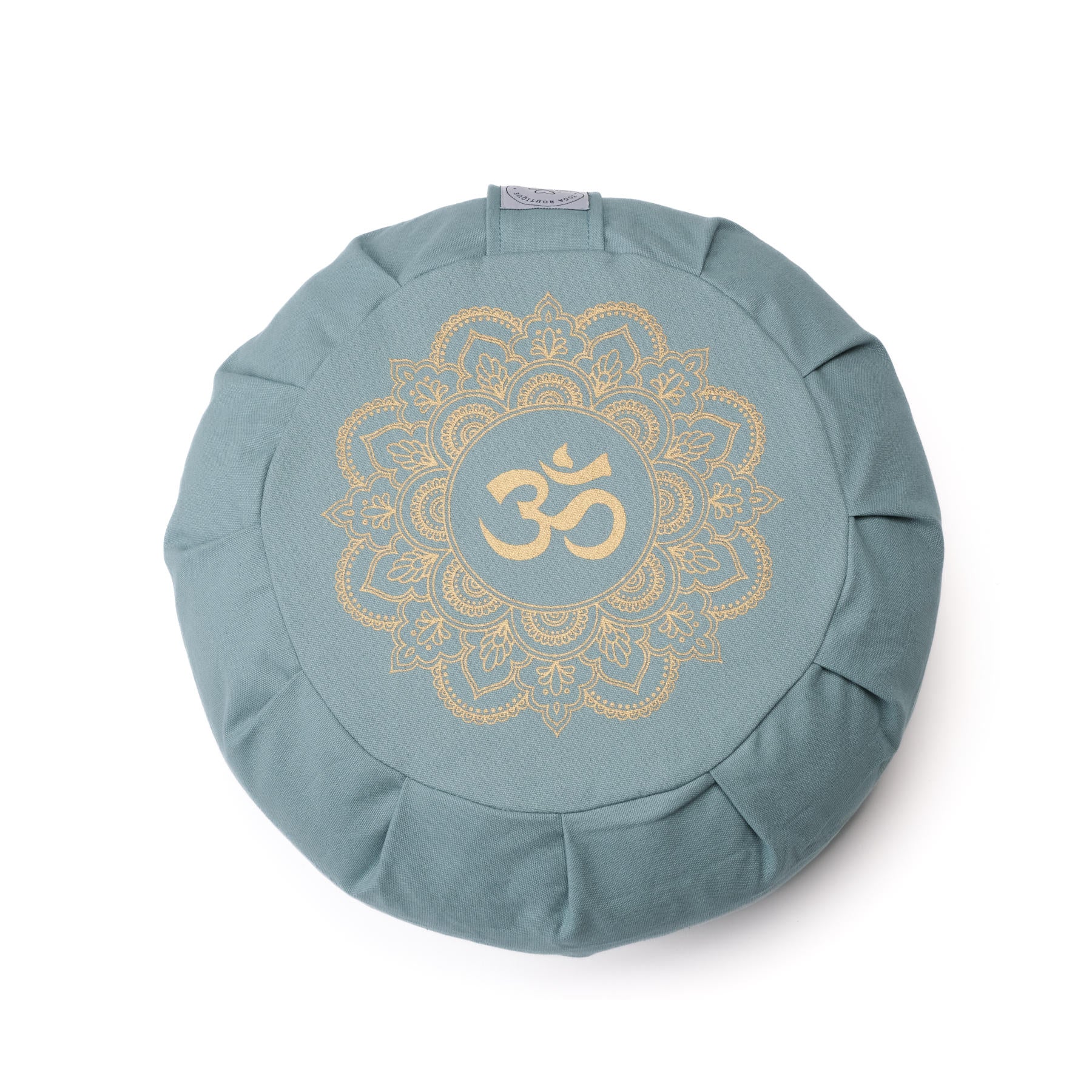 Cuscino da meditazione Zafu in cotone organico con stampa oro Mandala OM verde-acqua