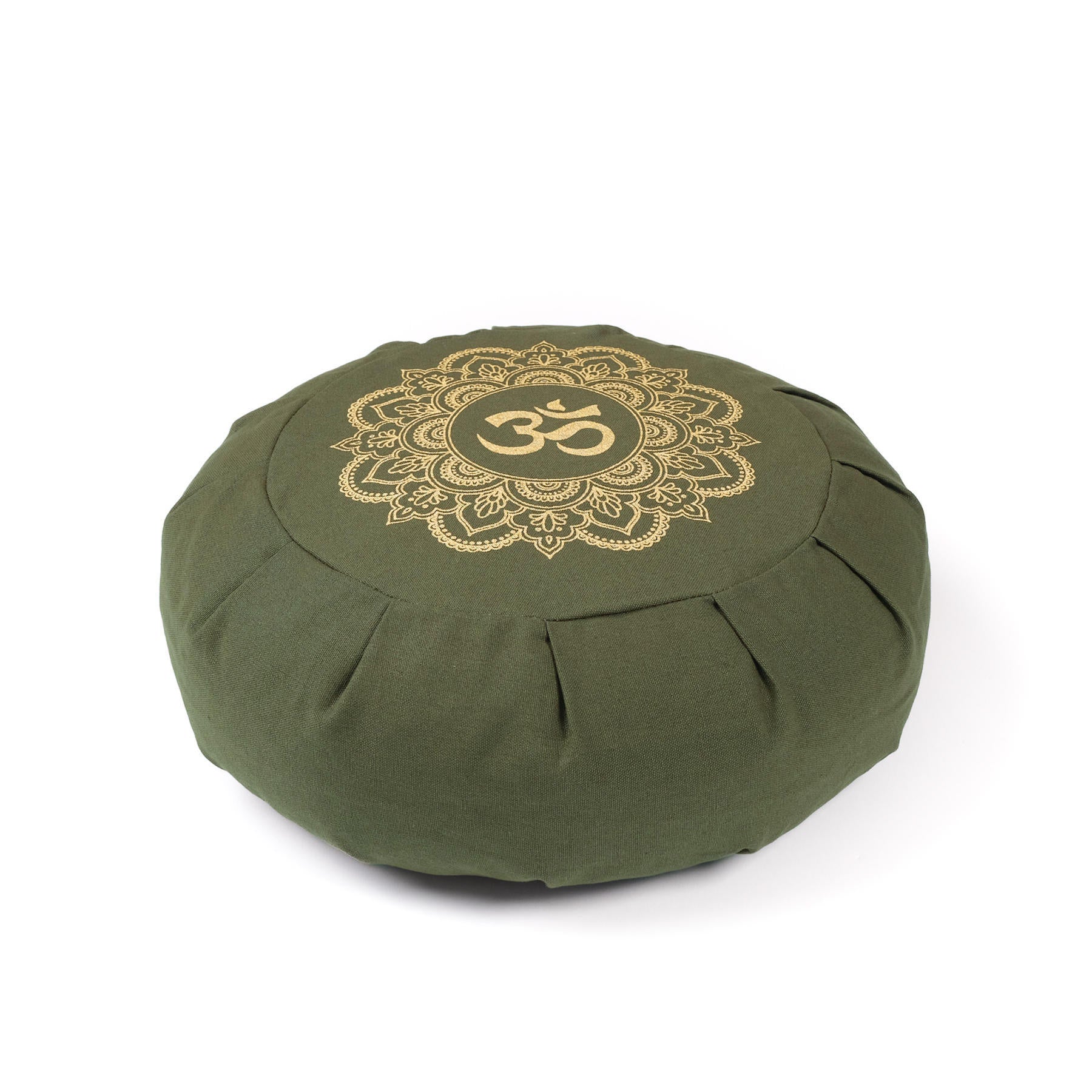 Cuscino da meditazione Zafu in cotone organico verde oliva con stampa oro Mandala OM