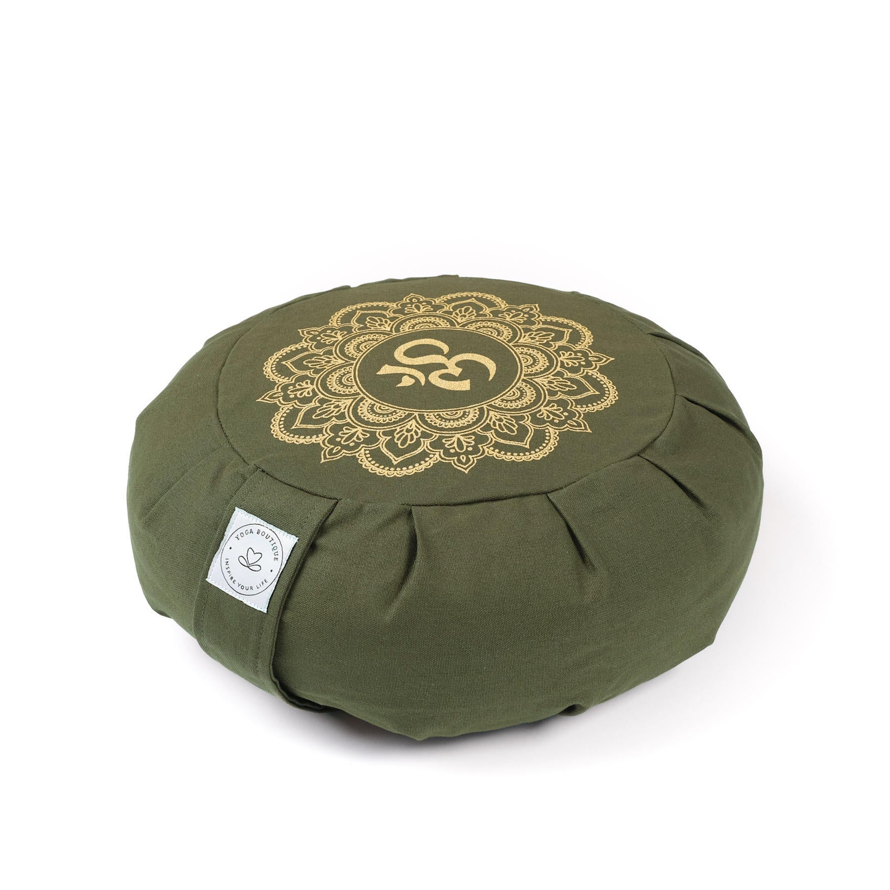 Cuscino da meditazione Zafu in cotone organico con stampa oro Mandala OM verde oliva