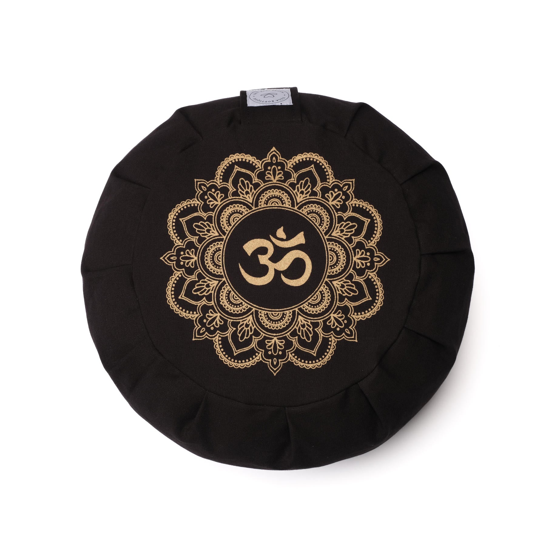 Cuscino da meditazione Zafu in cotone organico con stampa oro Mandala OM Nero