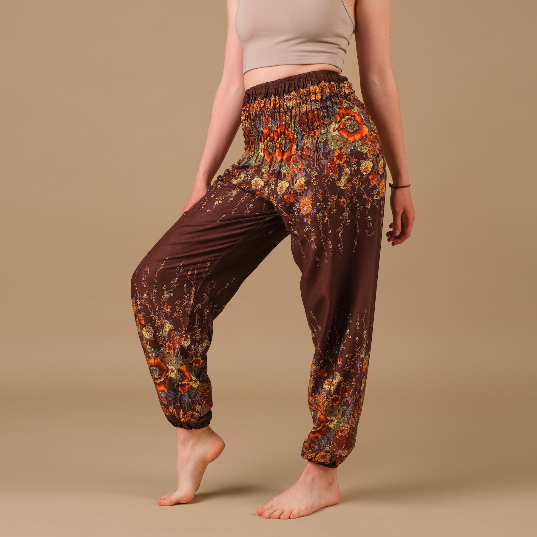 Pantaloni yoga harem marrone fiore