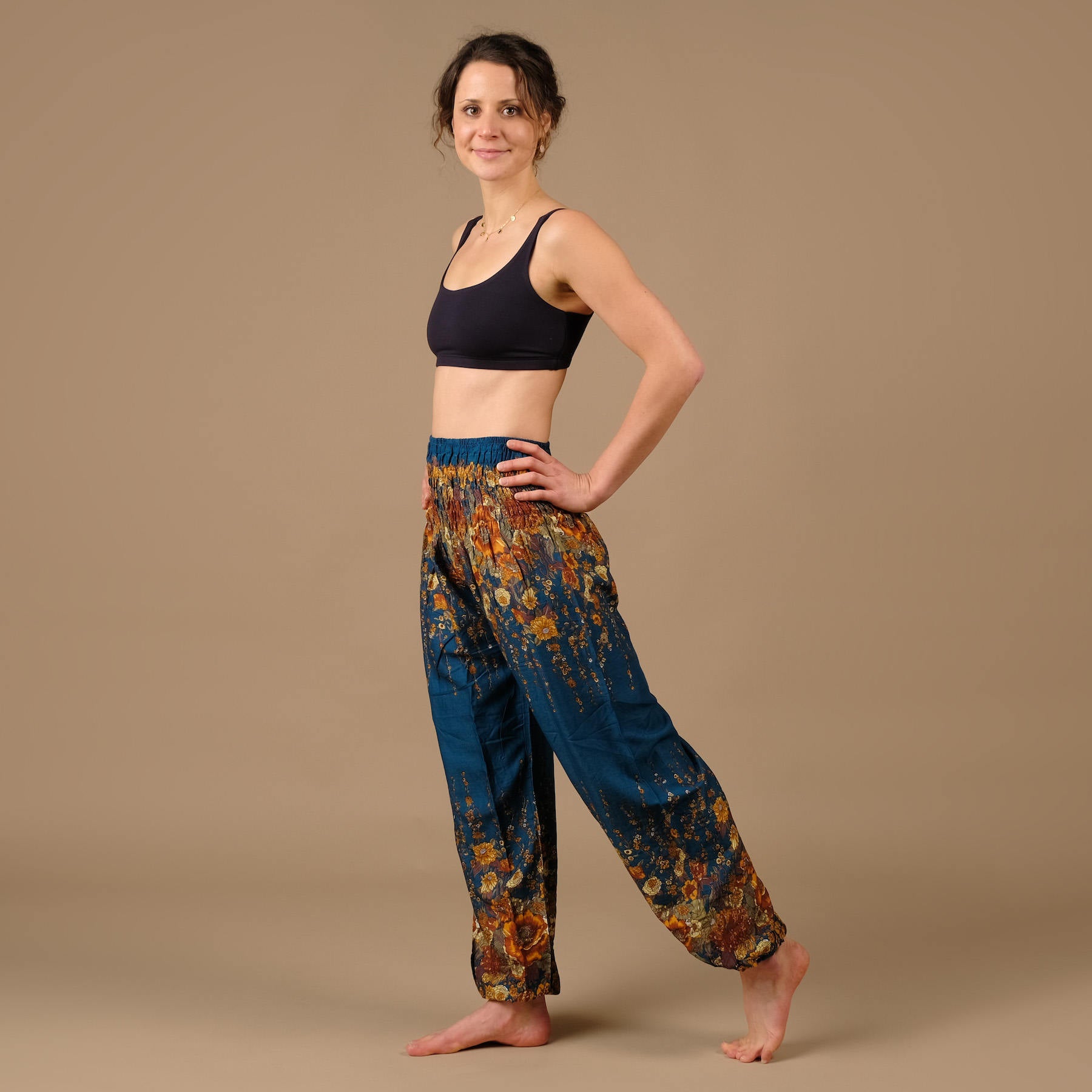 Pantaloni harem yoga blu piuma